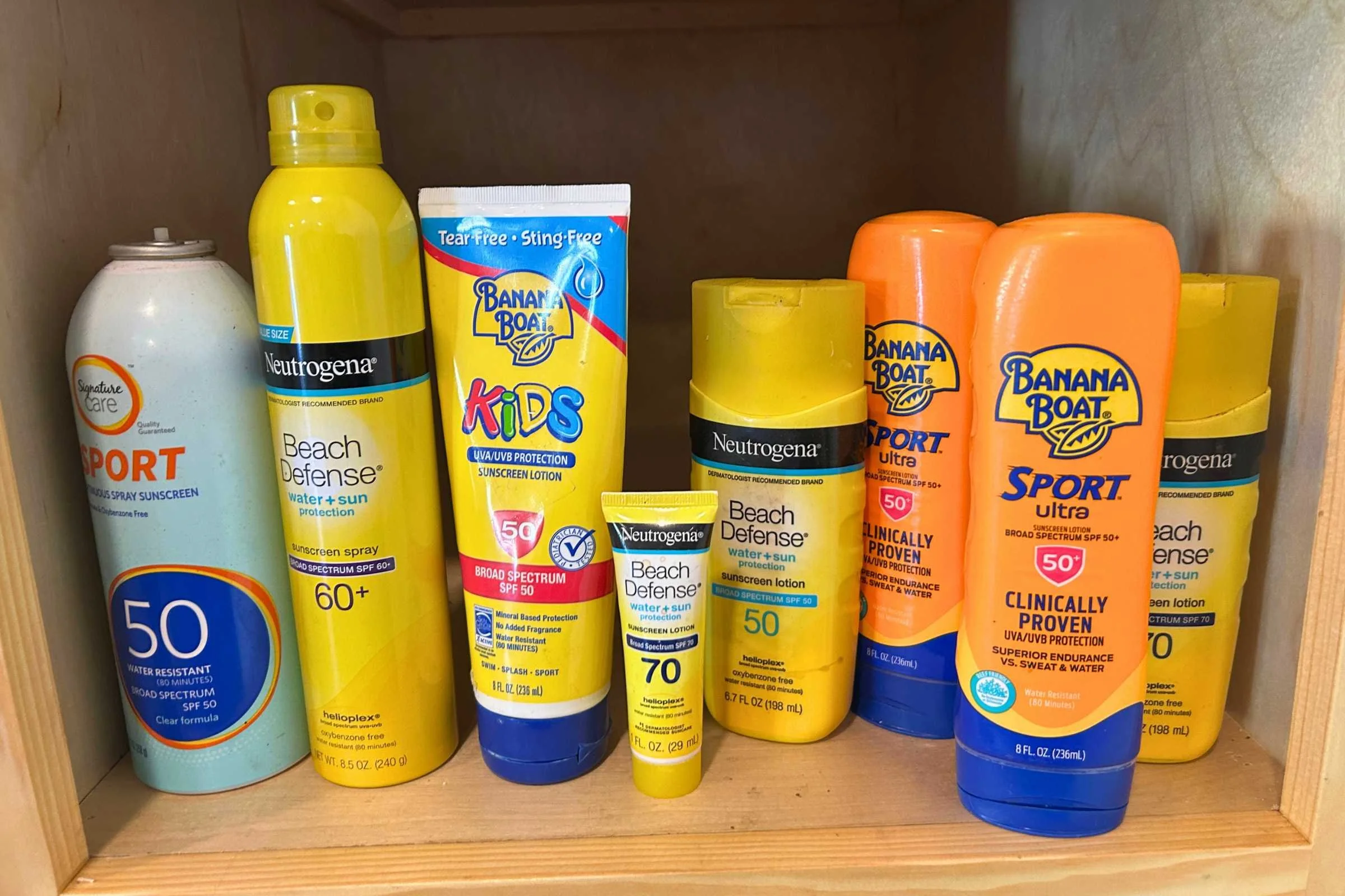 Some sunscreen sprays and sunscreen lotions we tested side-by-side.