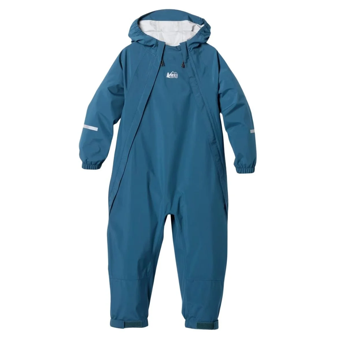 Blue REI Co-op Trailmade Rainsuit with a hood and two front zippers