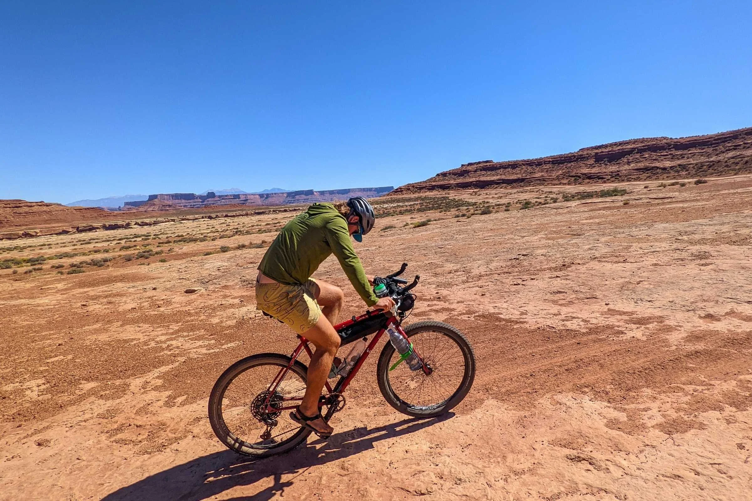 The author testing the Bontrager Adventure Boss bike frame bag in the desert southwest.