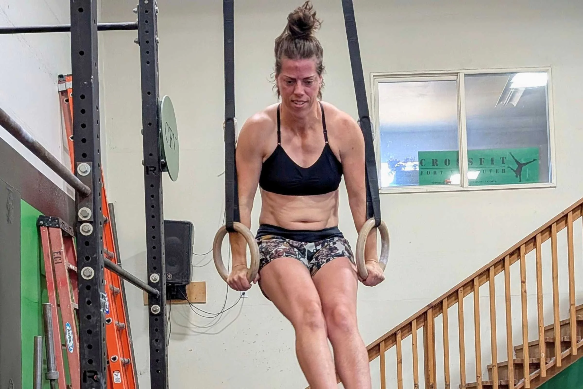 Treeline writer and tester Kate Hoch tested the Title Nine Wanna Sweat Racerback while doing ring muscle-ups.