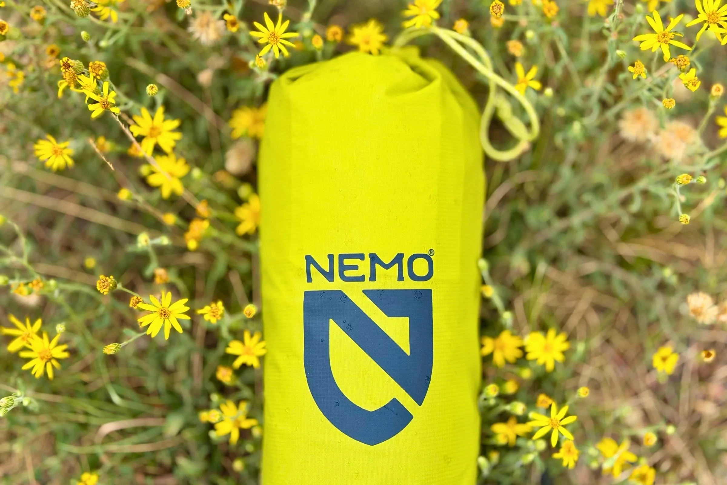 NEMO Eclipse All-Season Sleeping Pad packed small in a wildflower bed
