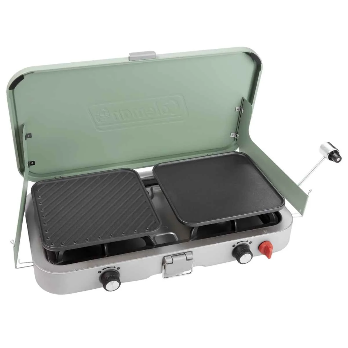 Coleman Cascade 3-in-1 Camping Stove fully open, without a fuel canister attached.
