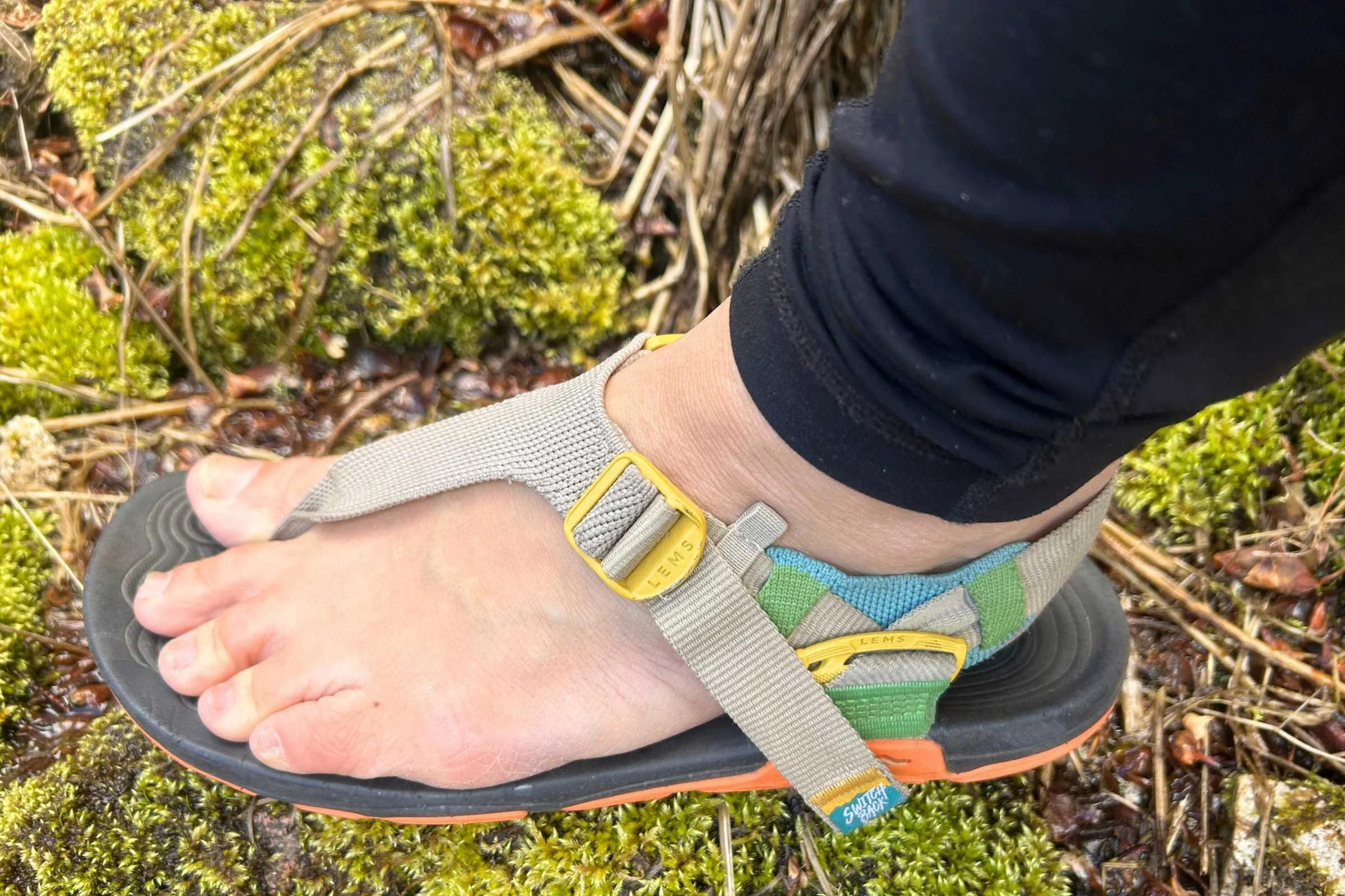 Close-up of the side profile of the Lems Switchback Sandal Knit