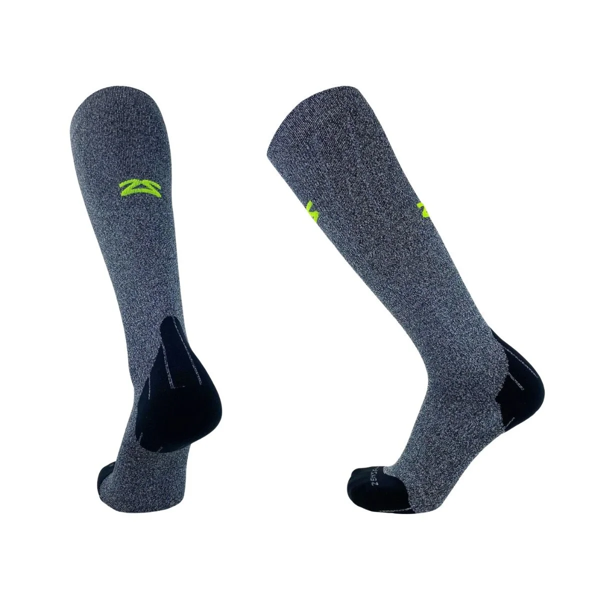 Gray Zensah Tech+ Graduated Compression Socks with black feet and green logos