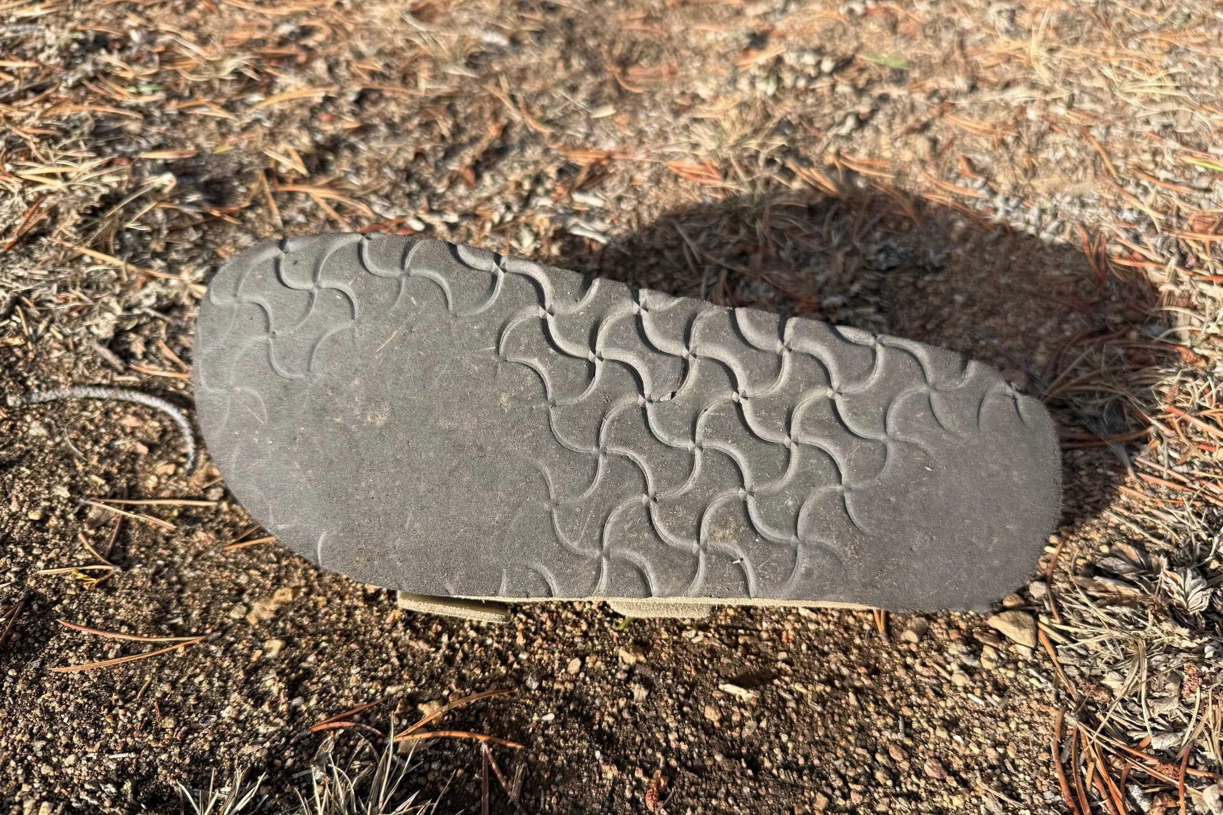 close-up of worn outsole of birkenstock arizona sandal