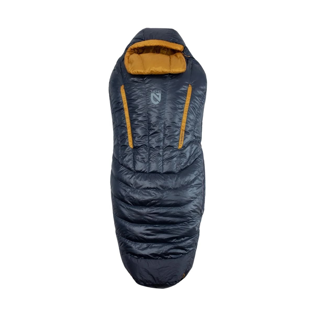 The NEMO Disco Endless Promise sleeping bag in navy blue with a tan lining.