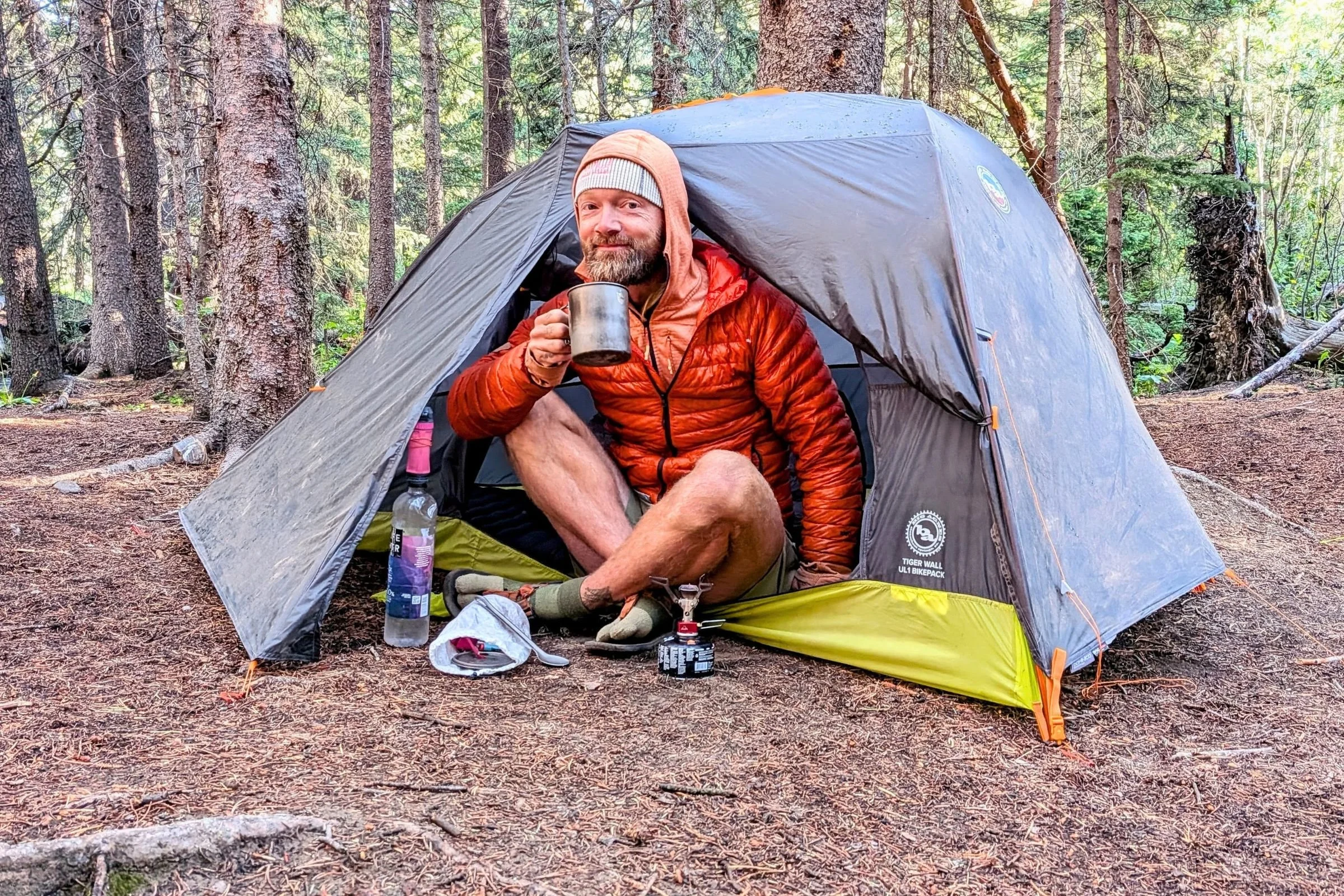 Big Agnes Tiger Wall UL1 Bikepack tent pitched at a mountain campsite