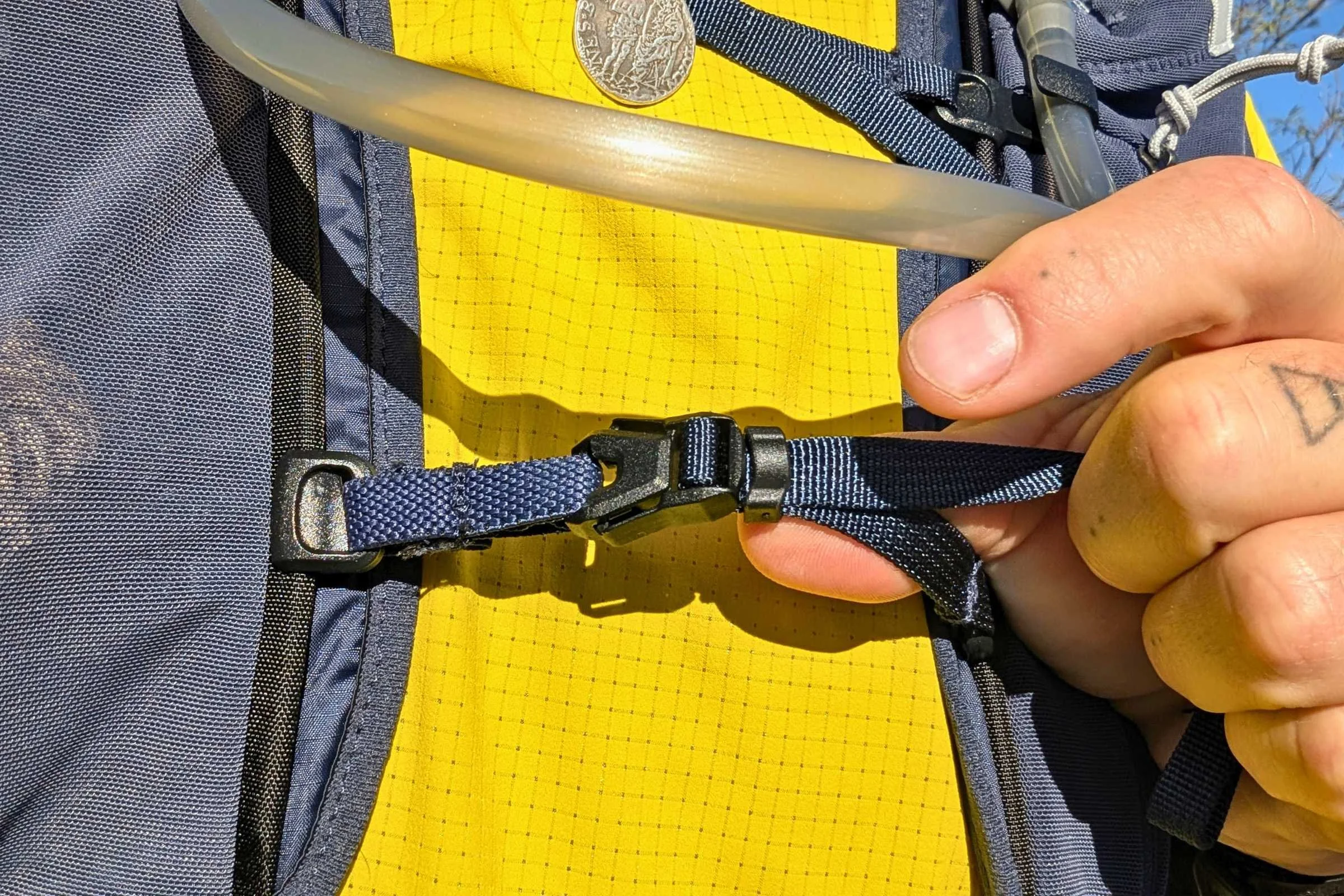 A close-up of the sternum strap clip.