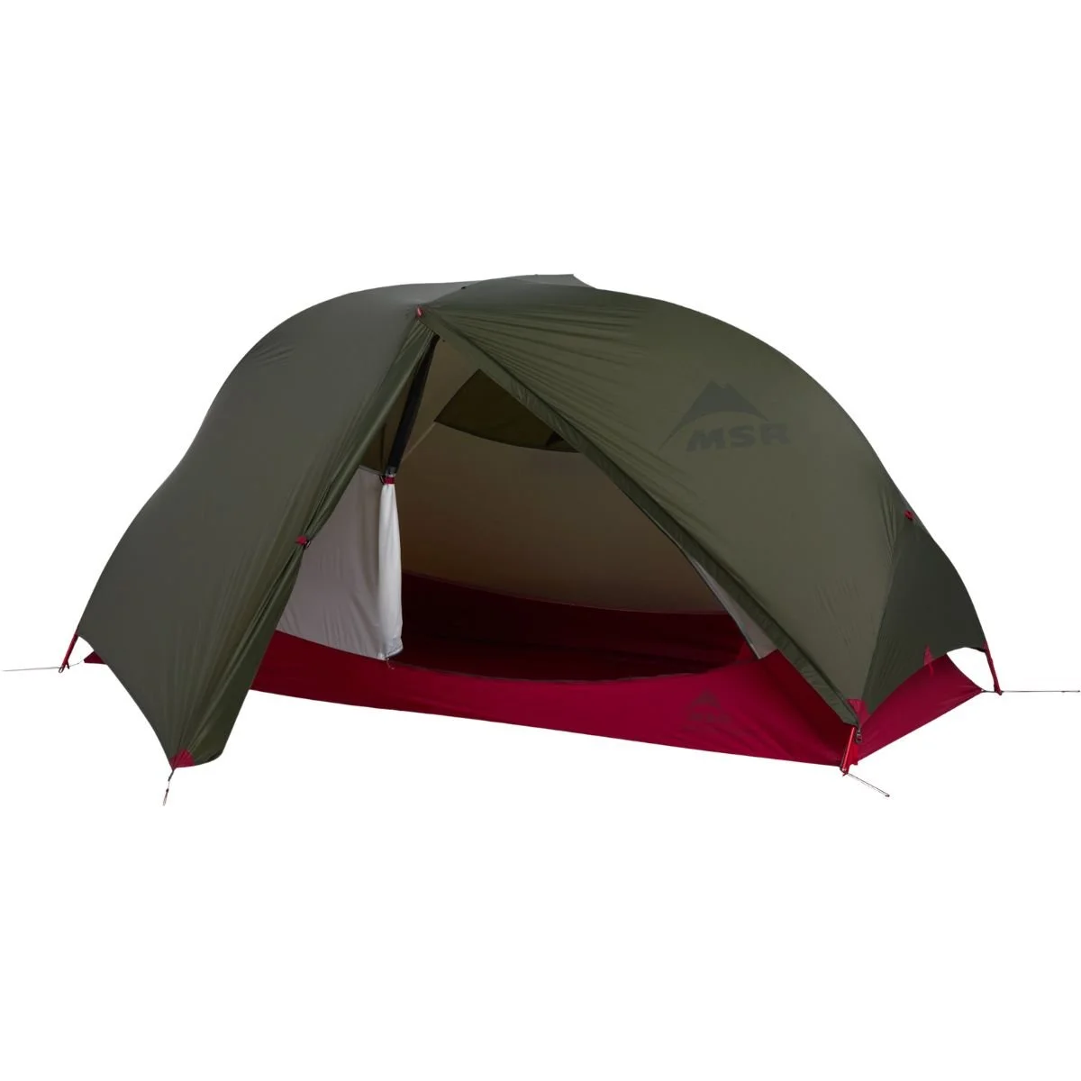The MSR Hubba Hubba Bikepack Tent in dark green with a red floor.