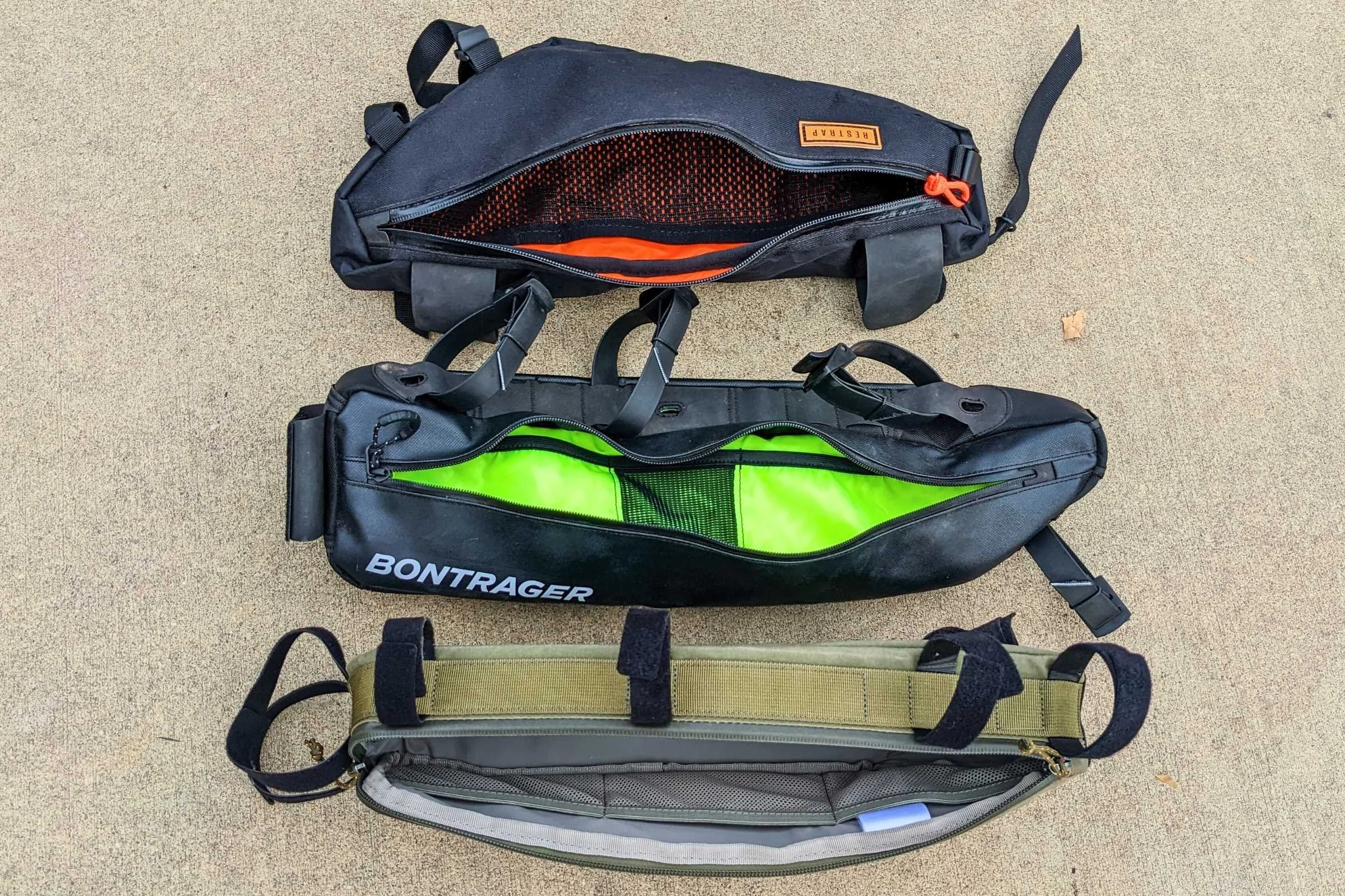 Comparing the internal pockets and dividers on several bike frame bags.