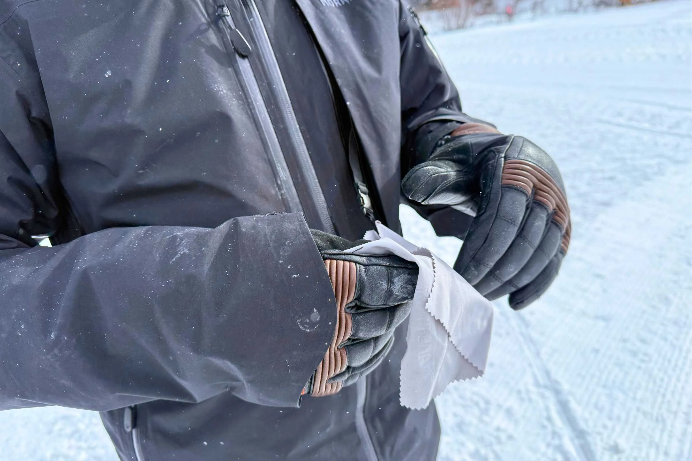 This jacket is packed with features, including a goggle wipe that comes attached in one of the chest pockets.