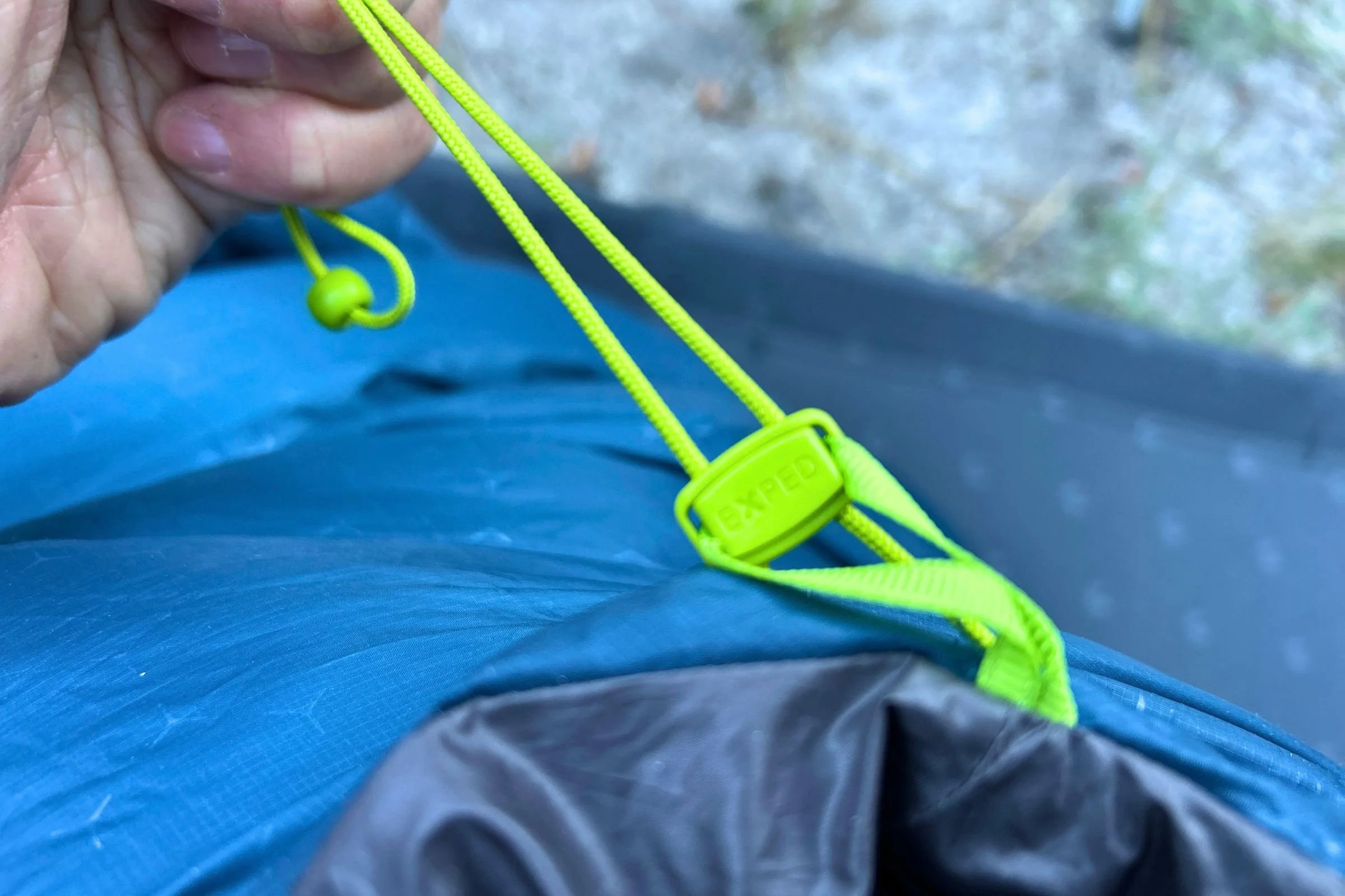 A closeup of the Exped Terra sleeping bag's adjustable drawstring.