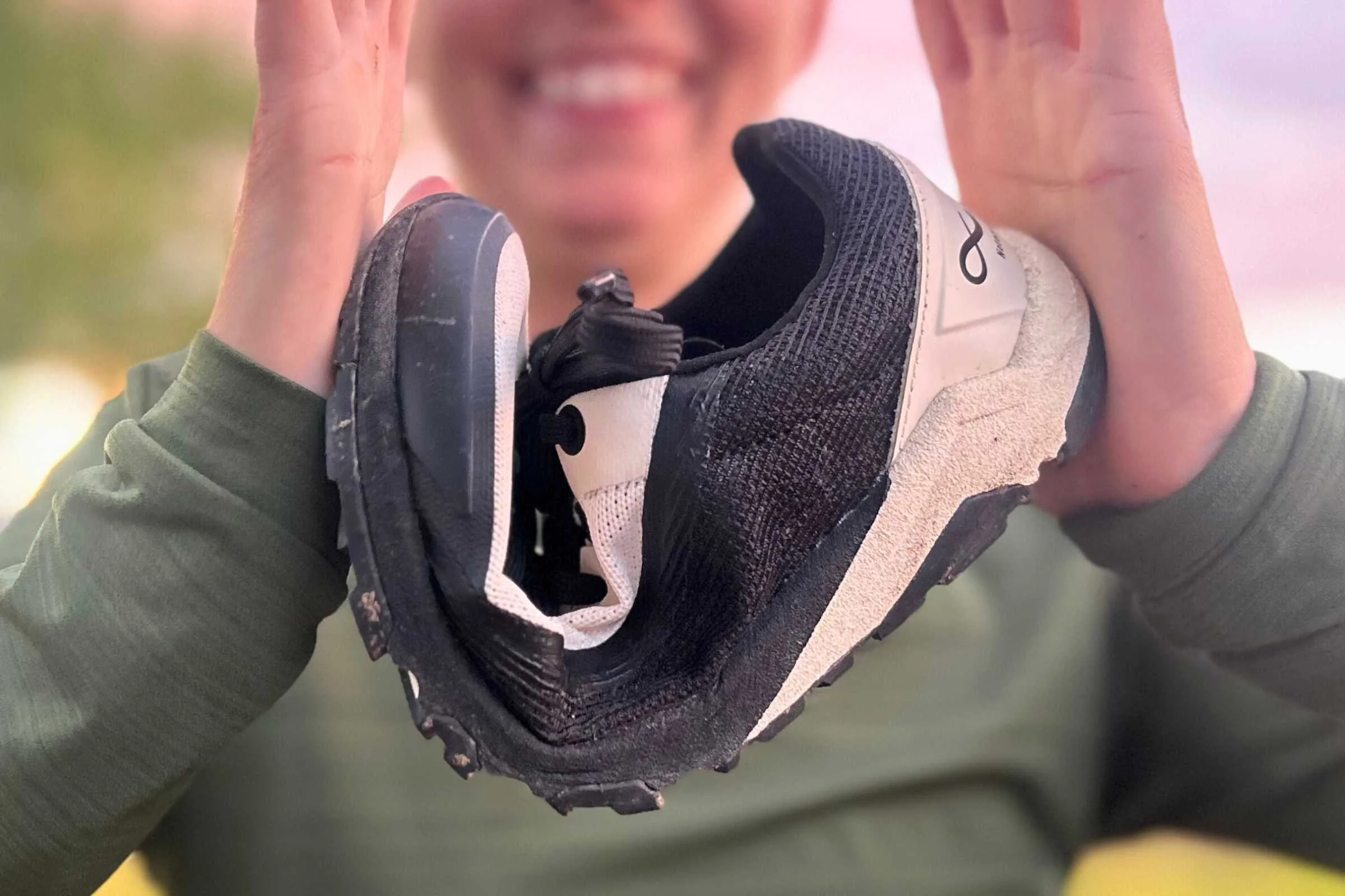 Mary demonstrates the shoe’s light weight and “squish” factor. This shoe is simple—just what you need, nothing you don’t. No excess foam or frills.