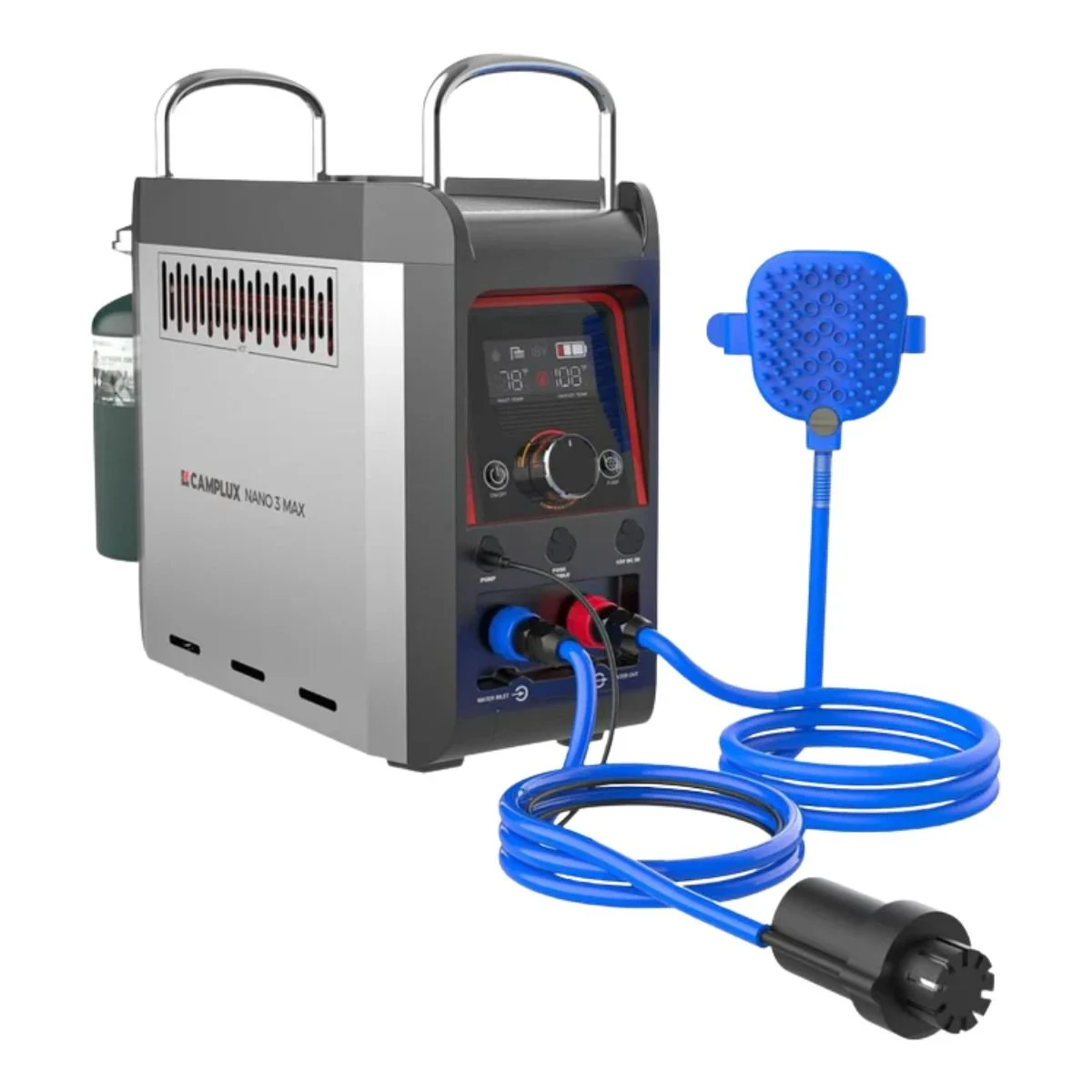 The Camplux Nano 3 Max with bright blue shower wand
