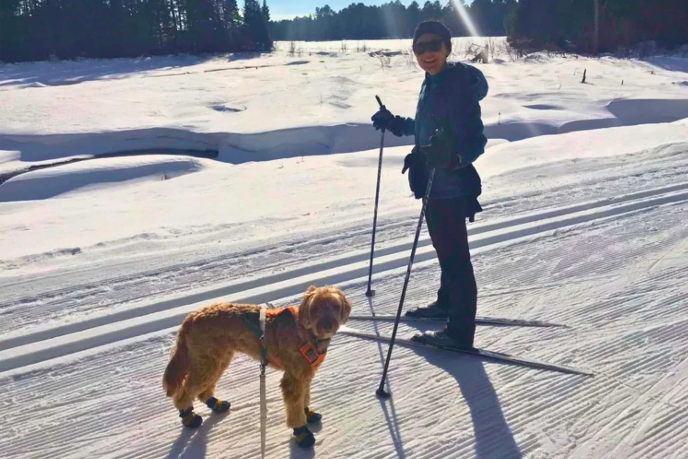 Cross country skiing in Wisconsin wearing the Mountain Hardwear Super/DS Stretch down jacket. Photo by Kat Thomas.