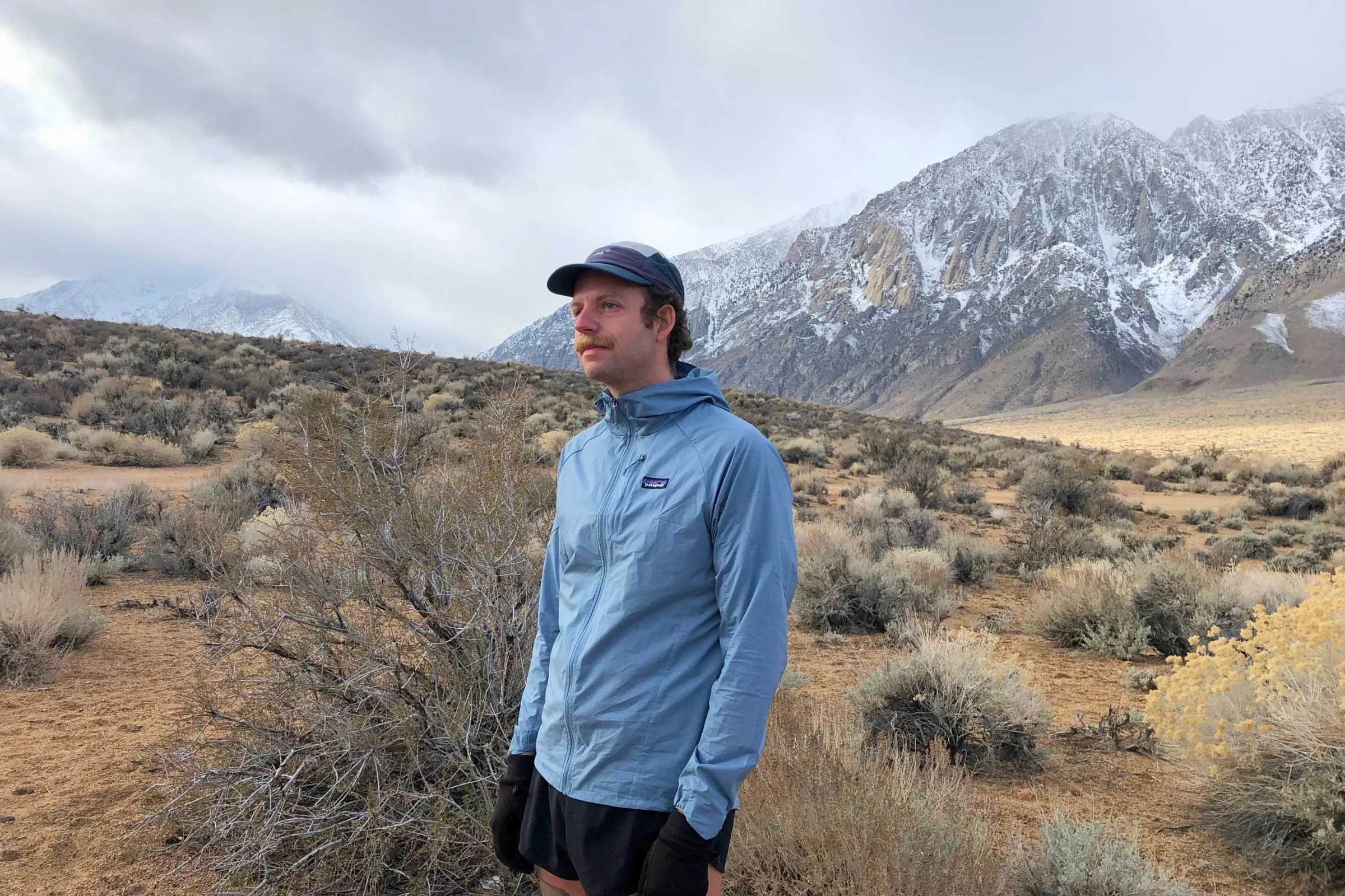 In this photo, we show testing the Patagonia Houdini Air running jacket in the Eastern Sierra.