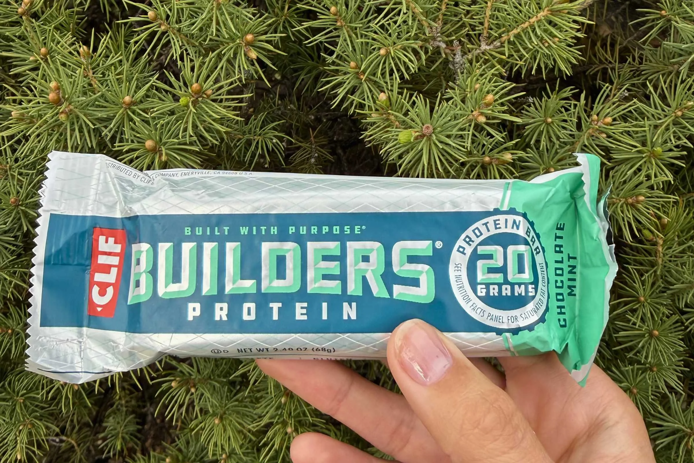 a packaged Clif Builders Protein bar with green foliage in the background