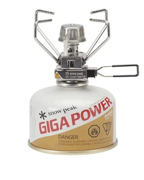 The Snow peak GigaPower 2.0 stove connected to an iso-butane fuel canister