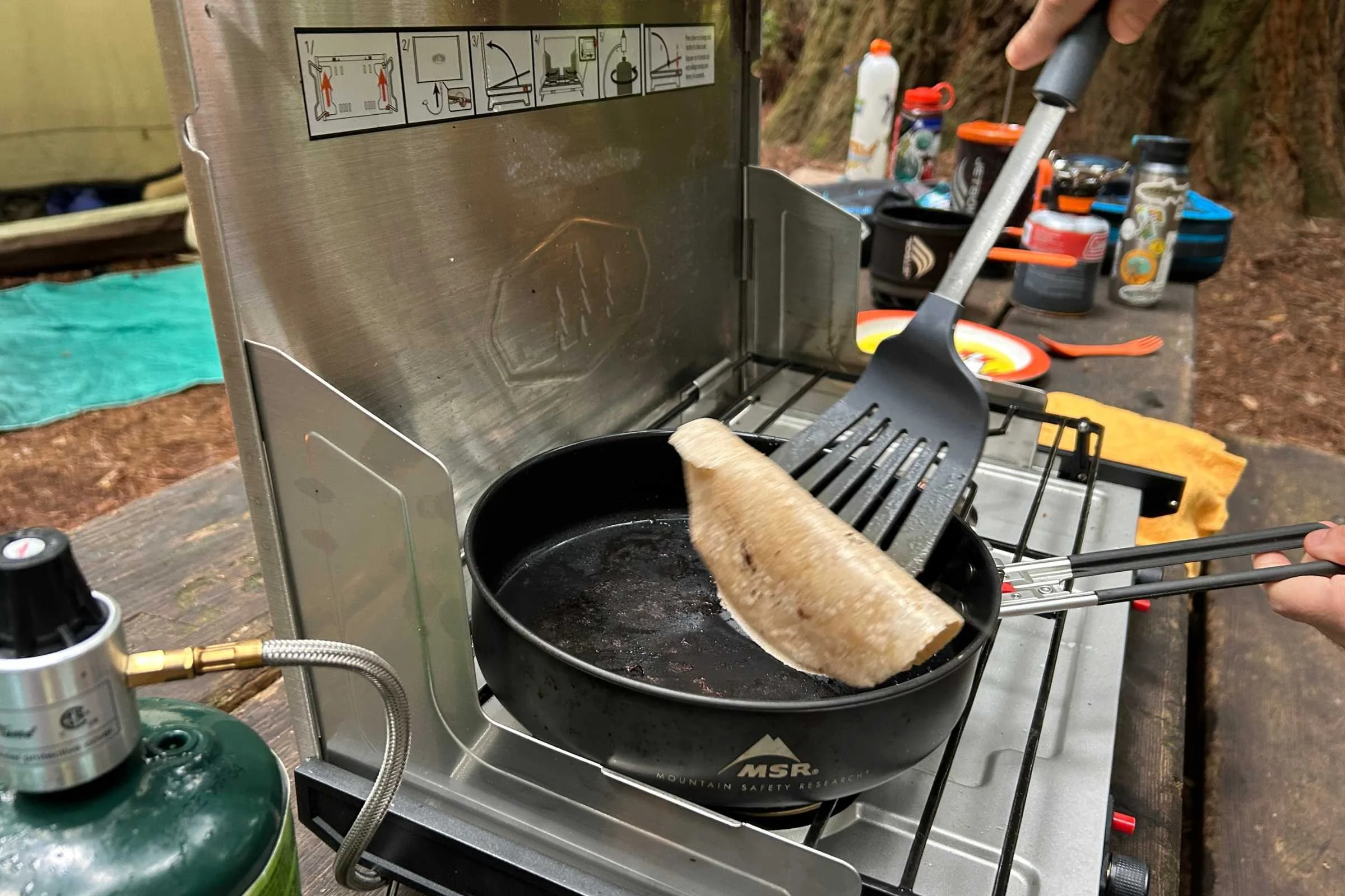 frying up a tortilla on the GSI Pinnacle Pro 2 burner stove