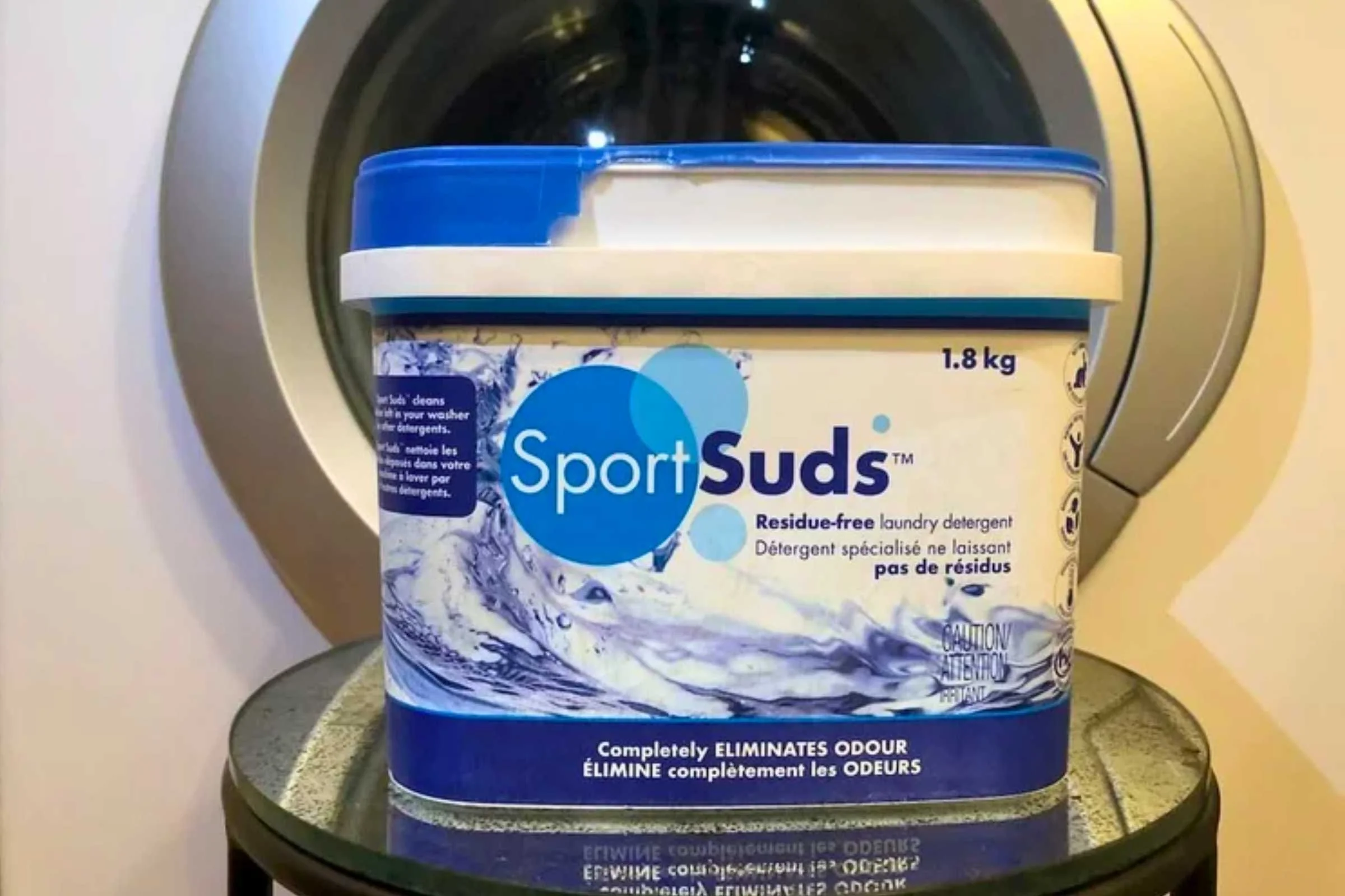 The Sports Suds residue free laundry detergent comes in several sizes with the largest one being the most economical. We find that it lasts two active people an entire year. Photo by Naomi Hudetz