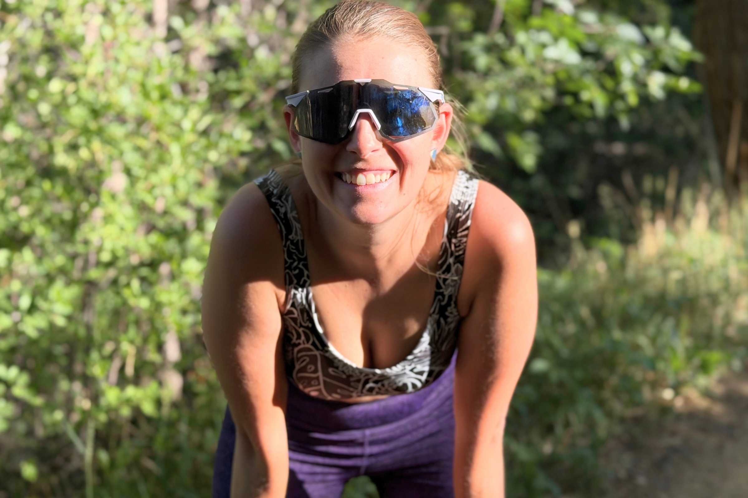 Tester Mary Murphy taking a candid photo after a trail run workout while wearing the Title Nine Tech Athena 2.0 Sports Bra. Photo by Mary Murphy.