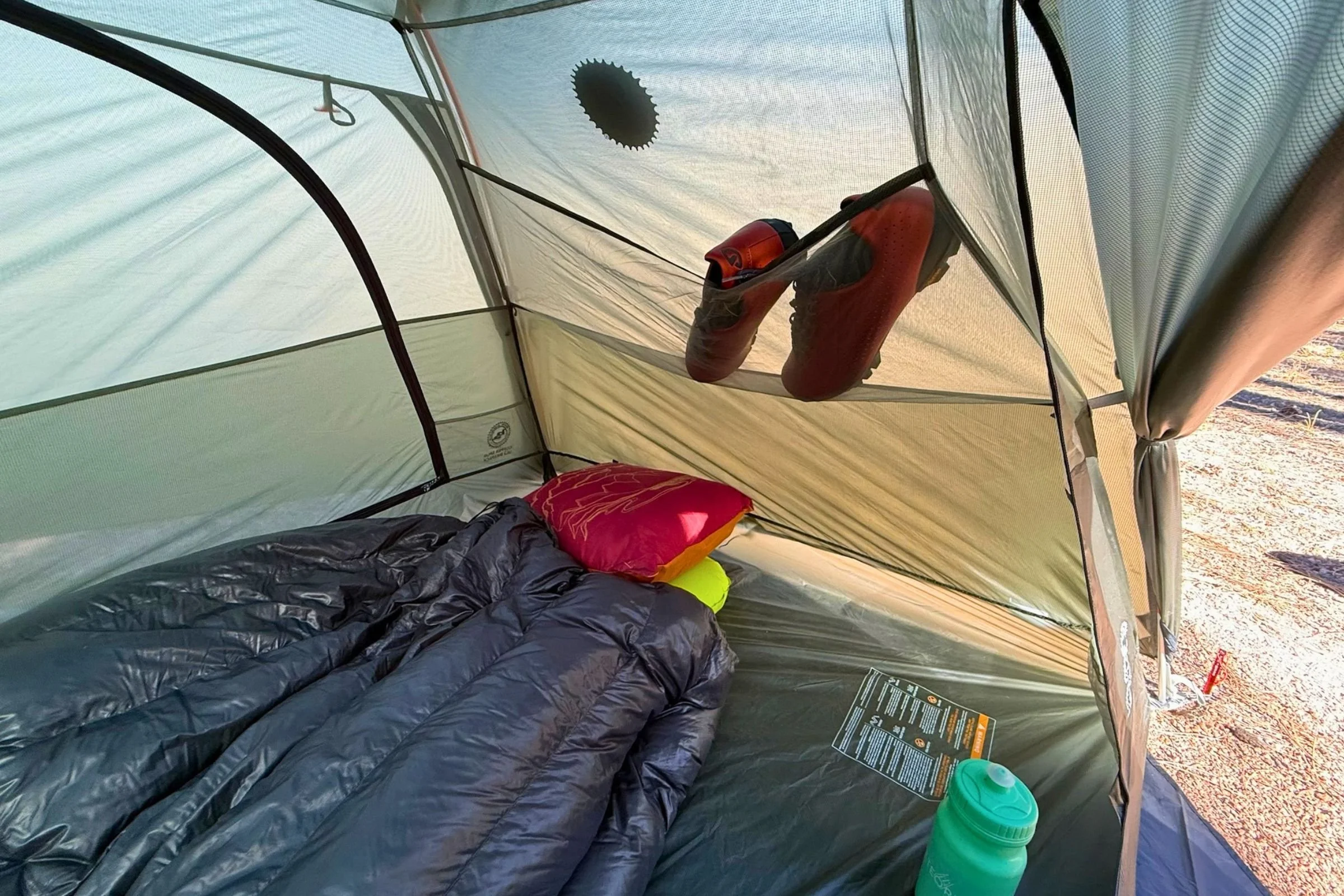 Inside view with sleeping bag and pillow set up in the Copper Spur UL2 Bikepack tent