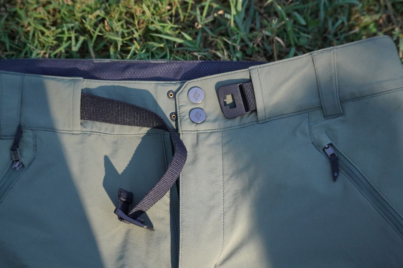 A close-up of the built-in belt of the Black Diamond Swift men's hiking pants