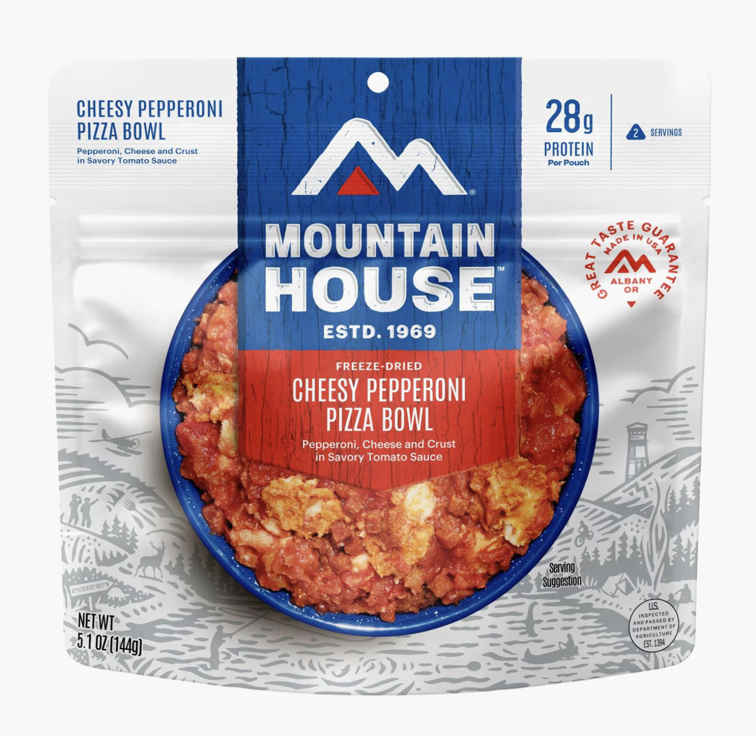 package of mountain house cheesy pepperoni pizza bowl freeze-dried meal