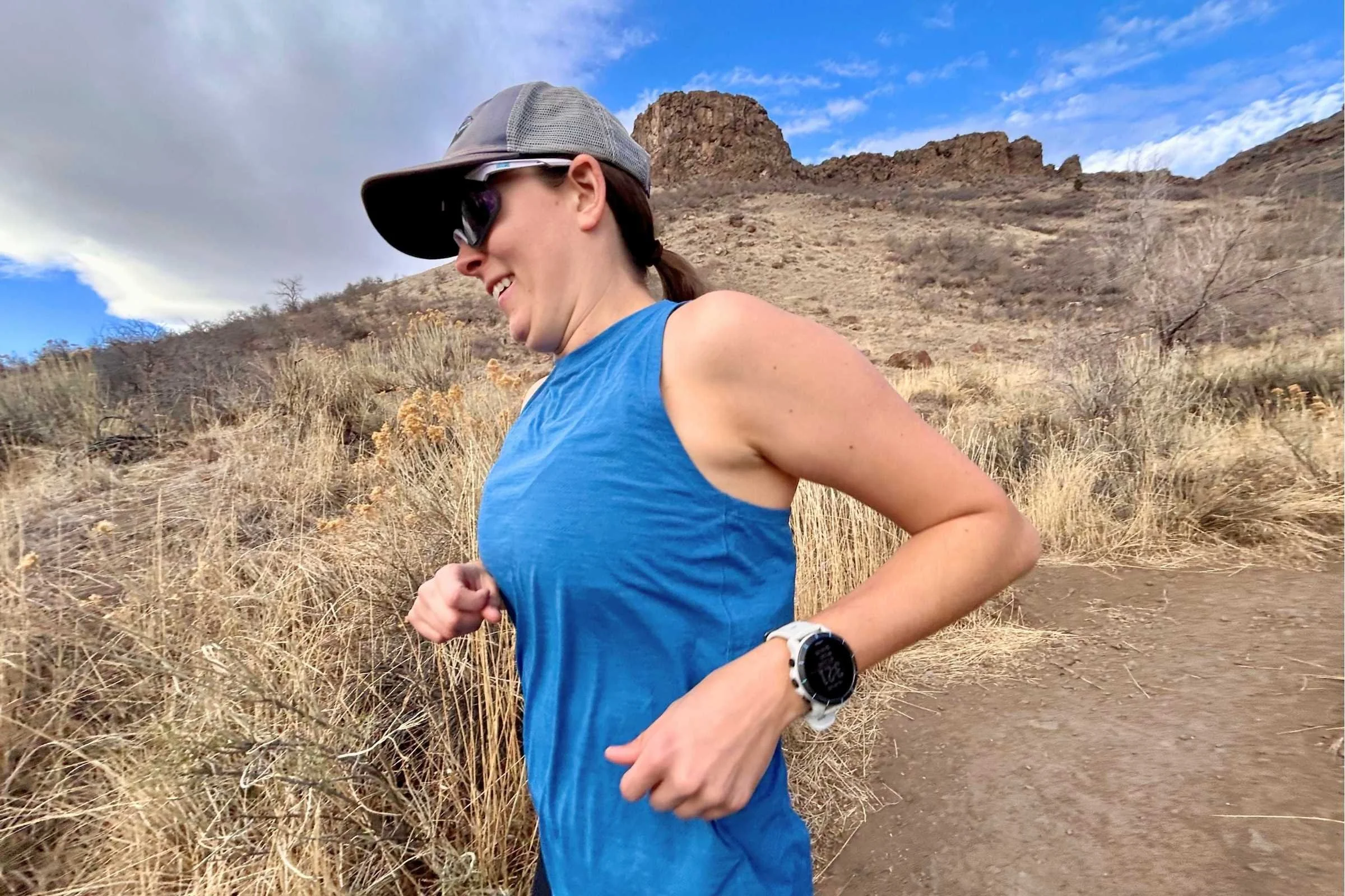 Side view of the shape and fit of the Tech Athena Sports Bra on our tester while running. Photo by Mary Murphy.
