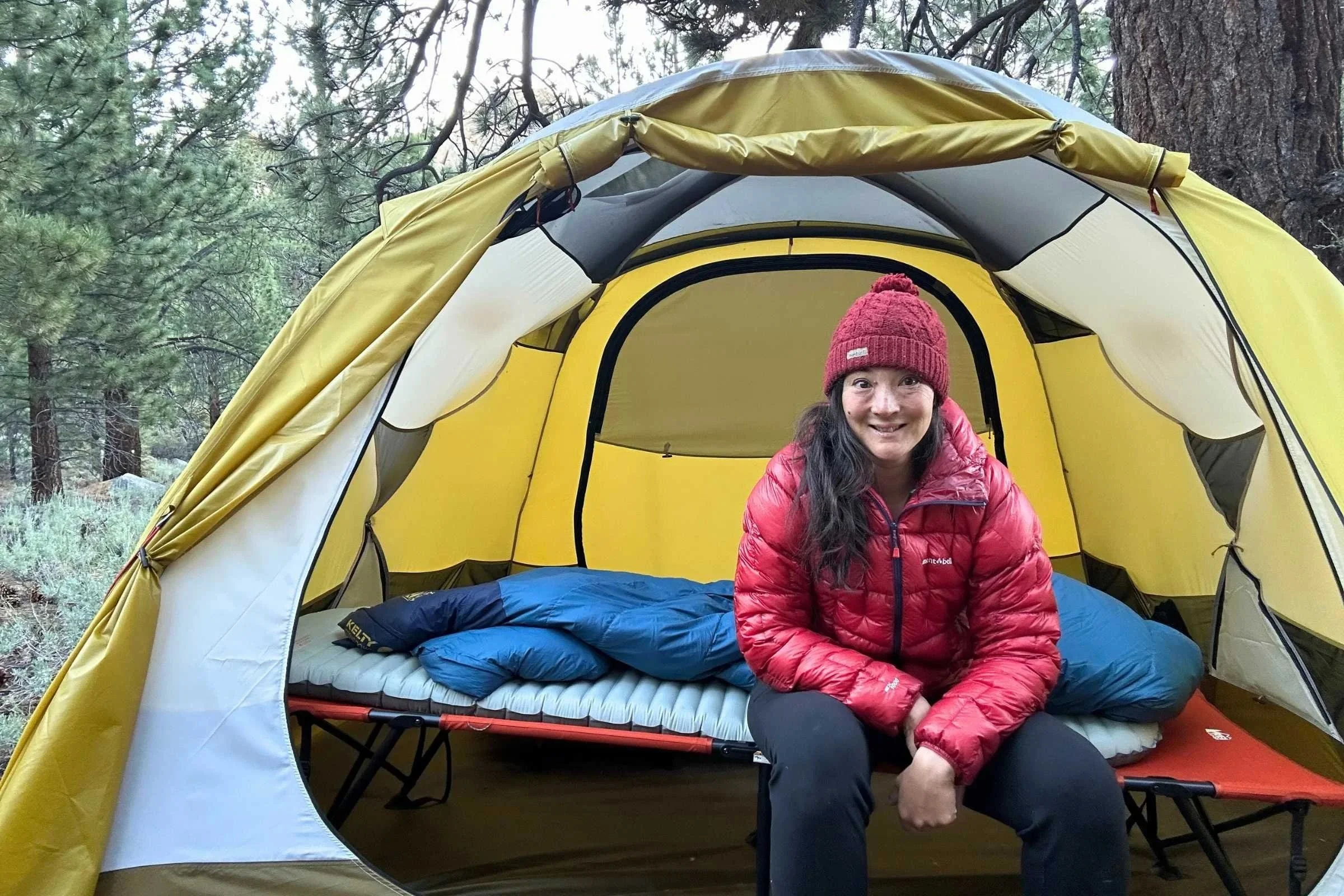 Liz Thomas testing the REI Co-op Base Camp tent in the Sierra Nevada mountains of California