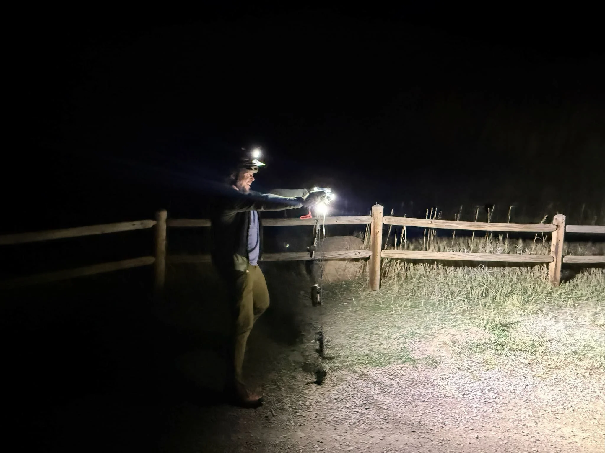 Testing out the brightness of mountain bike lights. Courtesy Chris Meehan/Sam Schild