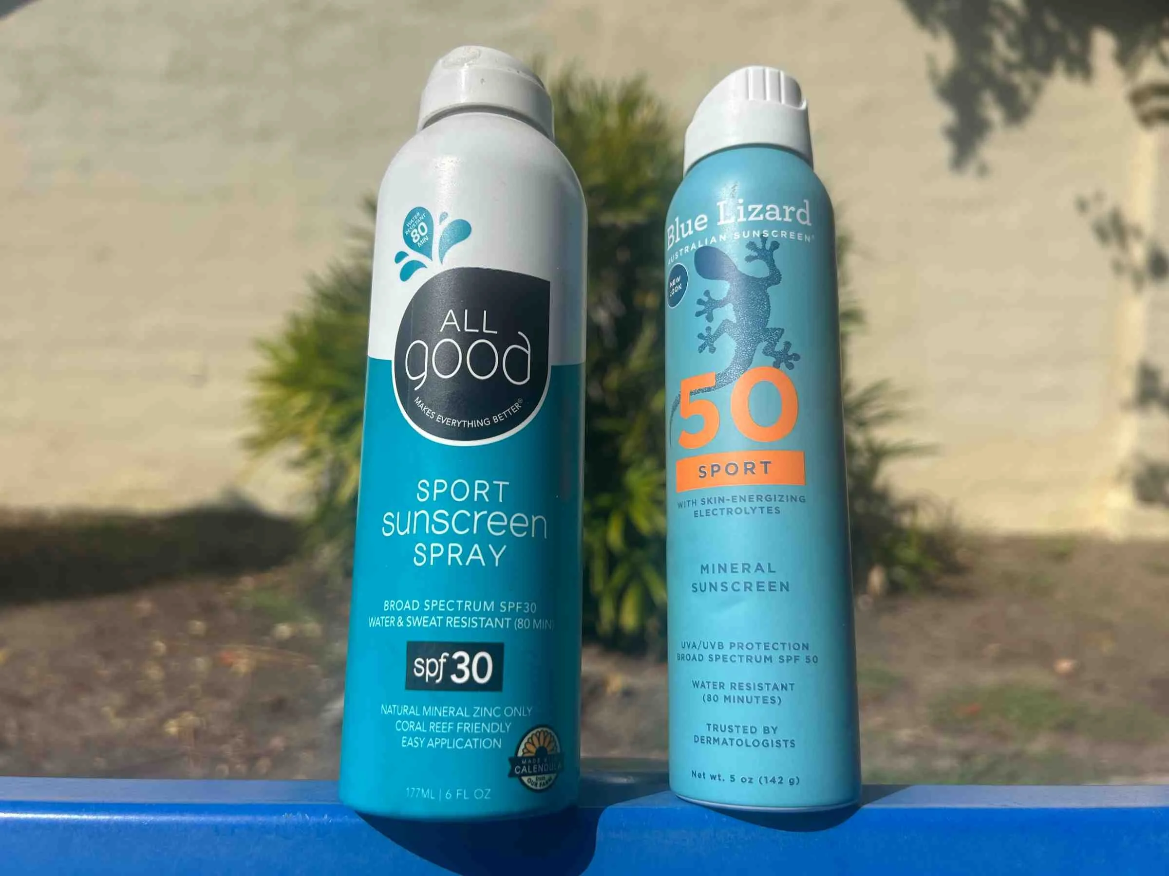 The Allgood Sport Mineral spray sunscreen performed well until the spraying mechanism clogged. We didn’t have that issue with the Blue Lizard Mineral Spray Sunscreen.