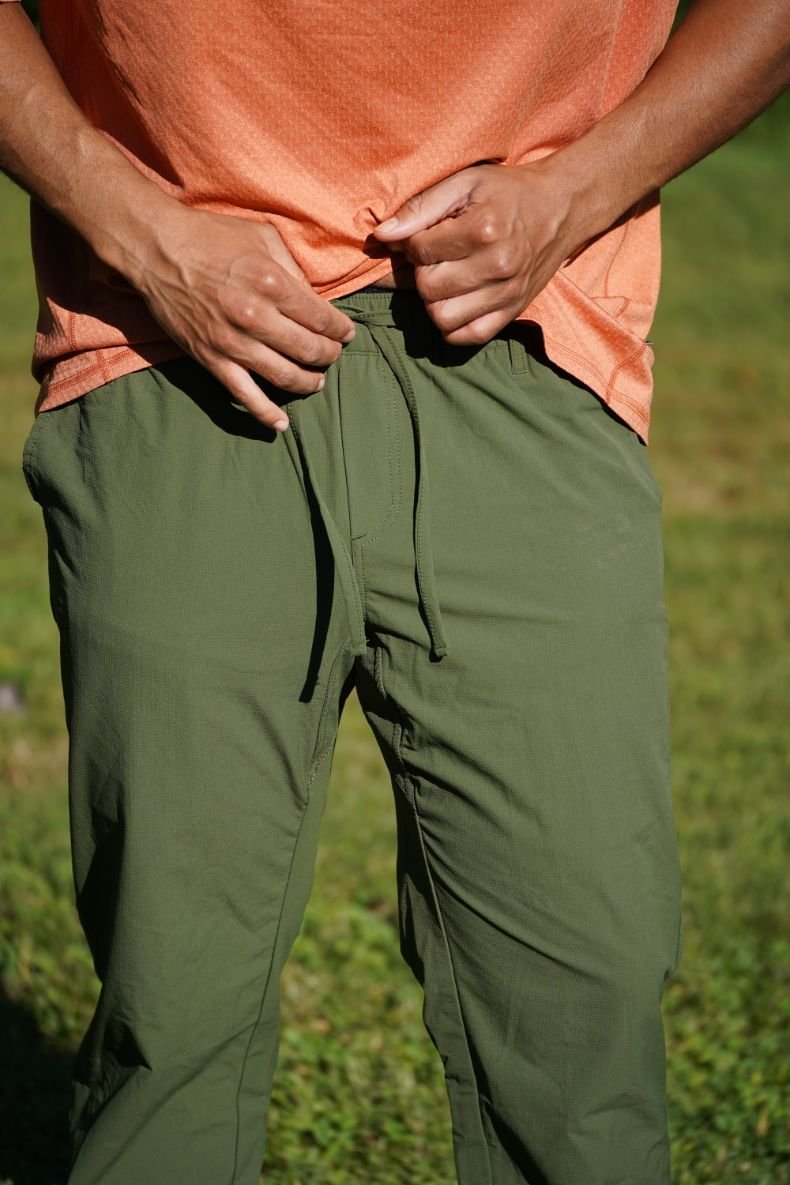 A close-up of the drawstring waist of the Coalatree Trailhead pants