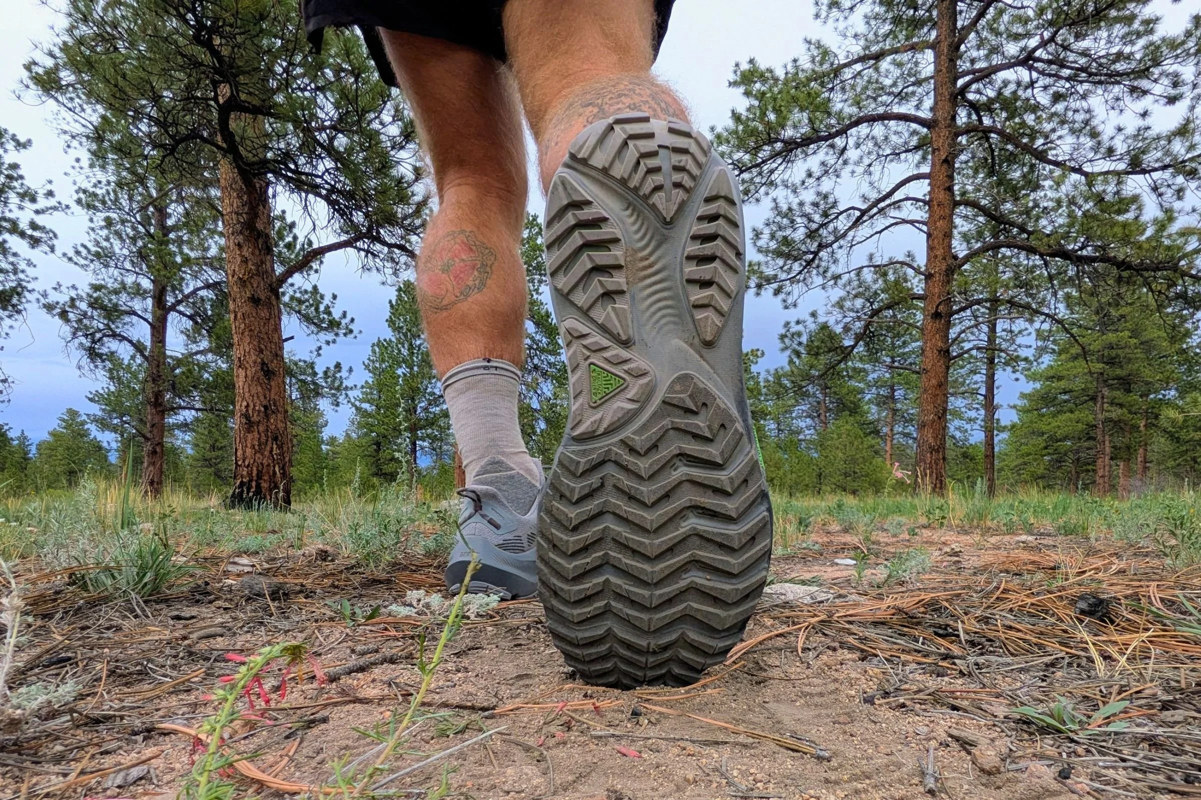 Close-up of Brooks Ghost trail running shoes outsole.