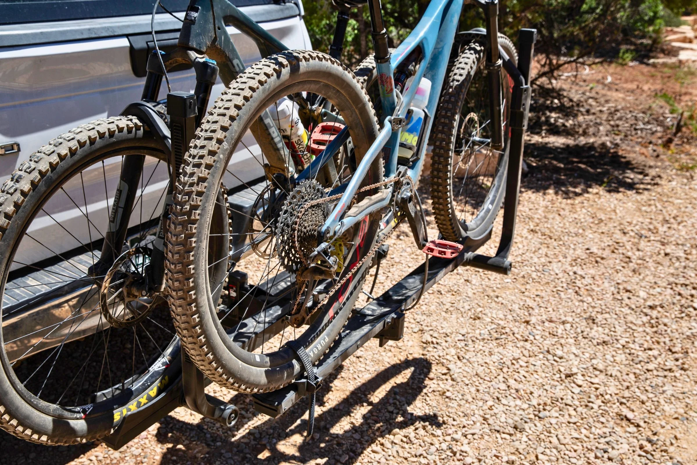Bicycle mounted on the Yakima StepUp Swing 2” Hitch Bike Rack, showing spacing between bicycles.
