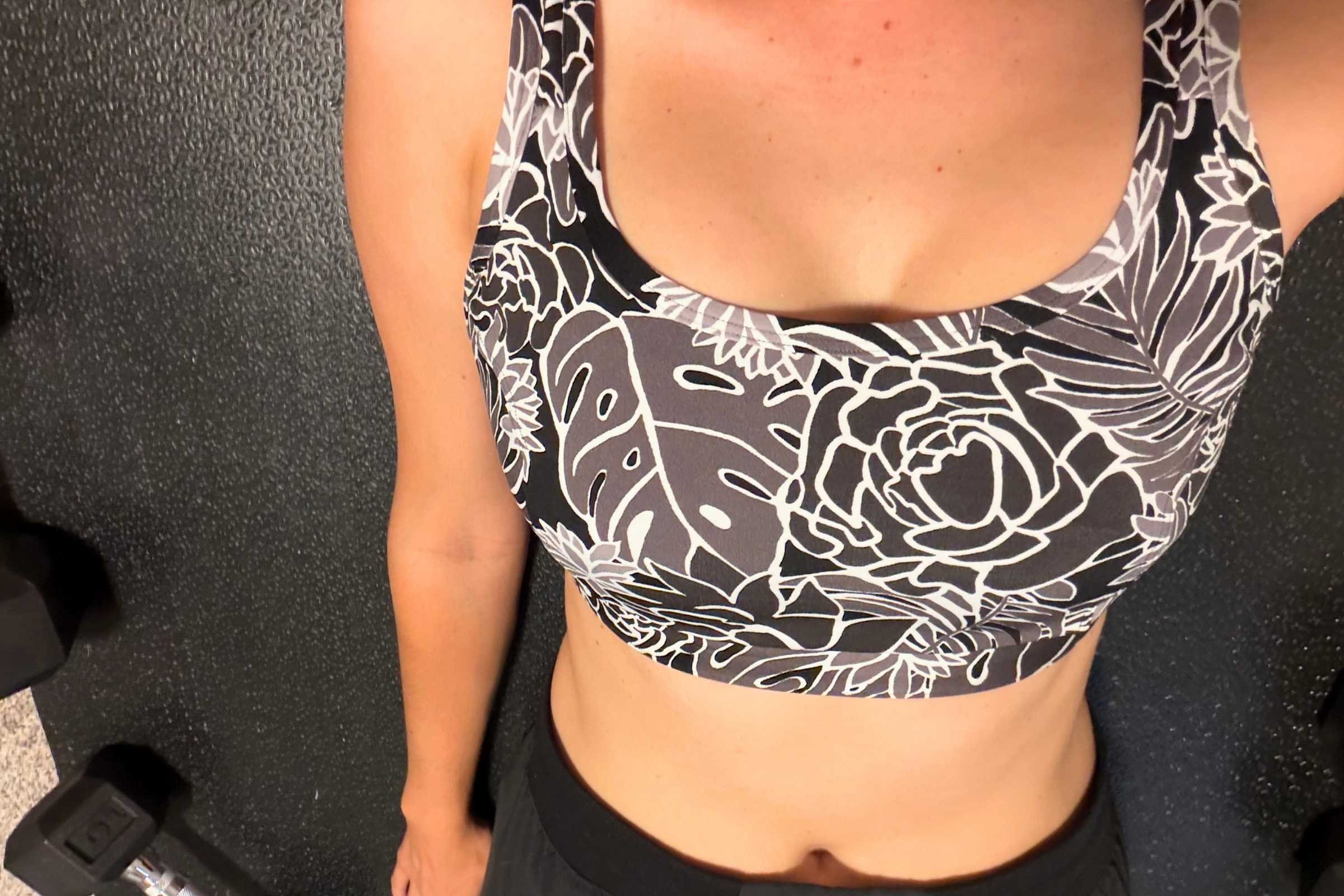 We ran a fit test for all the sports bras based on band-and-cup sizing. Here, Mary Murphy is fit testing the Title Nine Tech Athena 2.0 Sports Bra.  Photo by Mary Murphy.