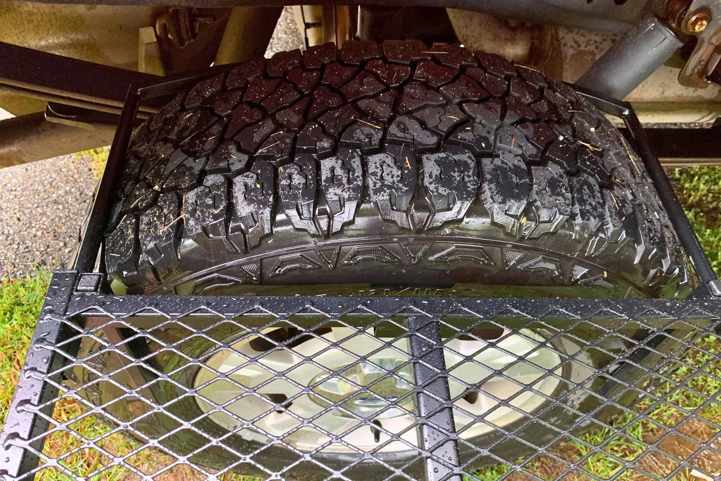 The Tailgater Tire table sets up by attaching to the tire of your vehicle.
