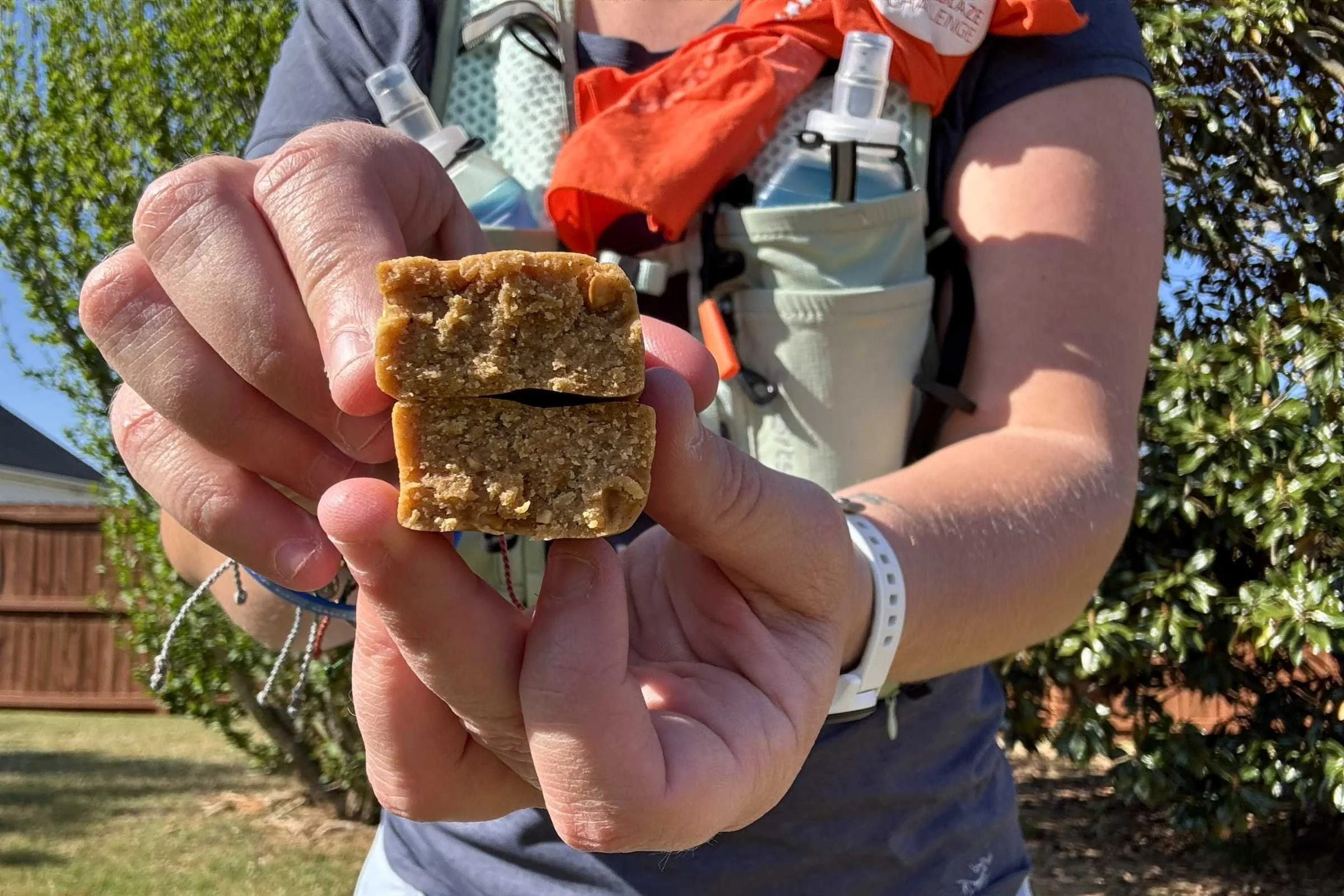 person holding a protein bar split in half