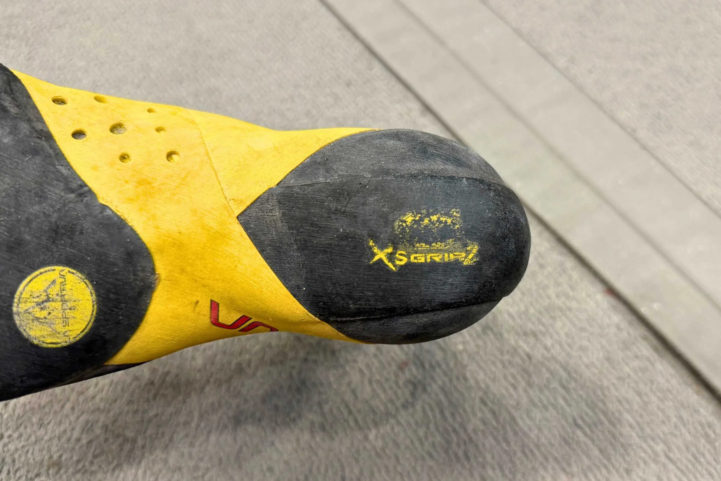 These shoes use Vibram XS Grip 2, a soft and sticky rubber compound.