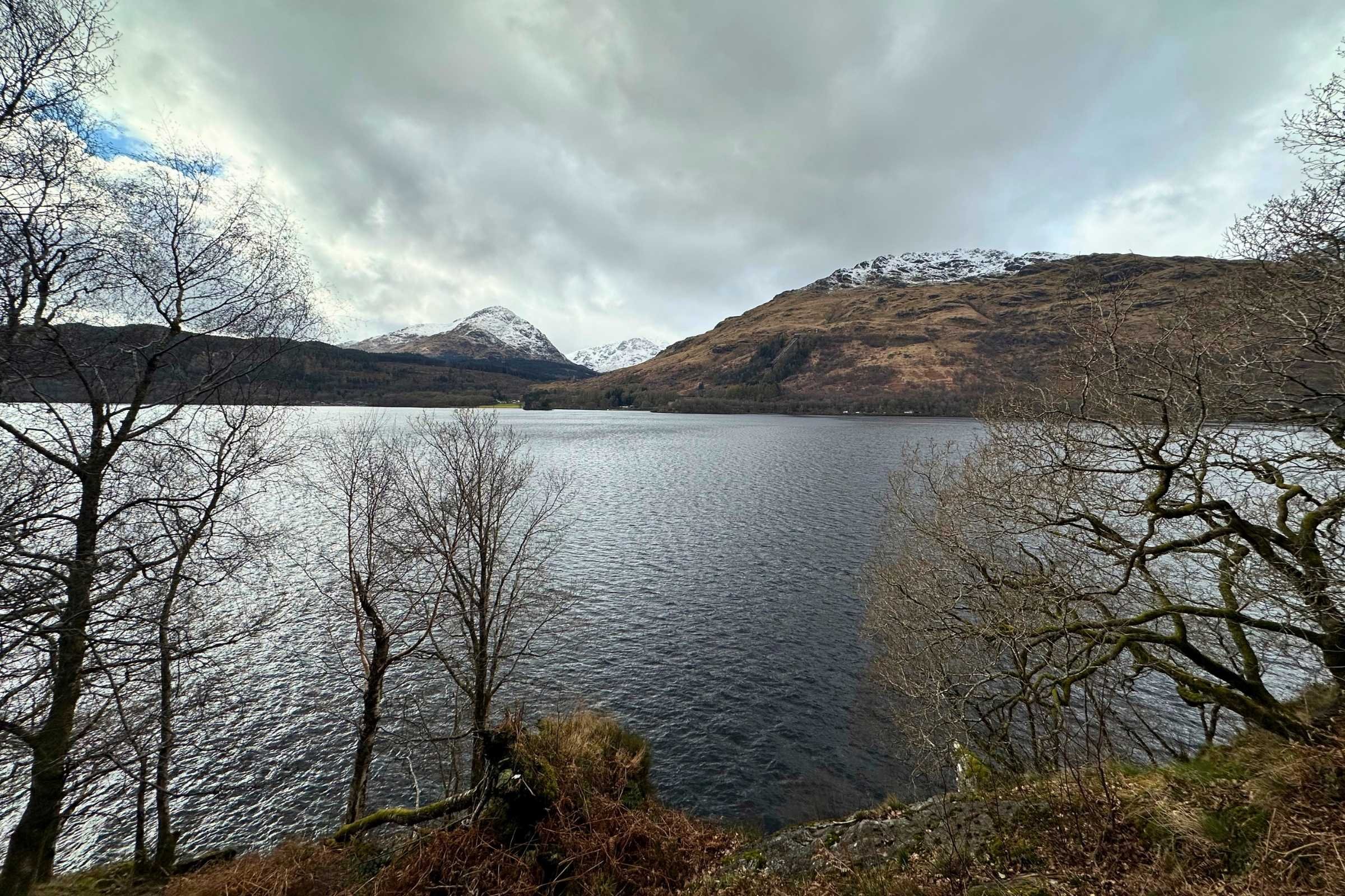 West Highland Way WTG Day 3 Loch Lomond snow covered mountains