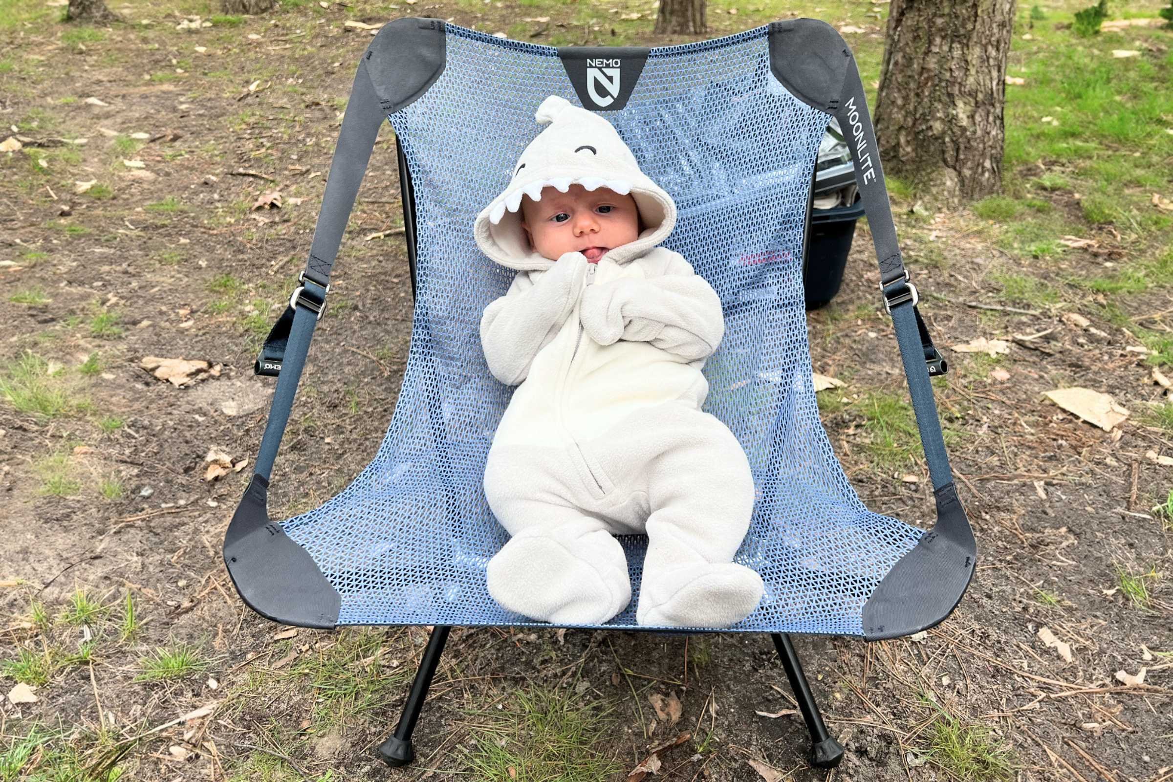 Erica’s daughter AJ (not a shark) on her first-ever camping trip at two months old. Photo courtesy Erica Zazo