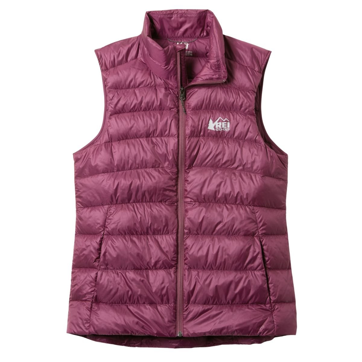 Purple REI Co-op 650 Down Vest with horizontal baffles and a stand collar