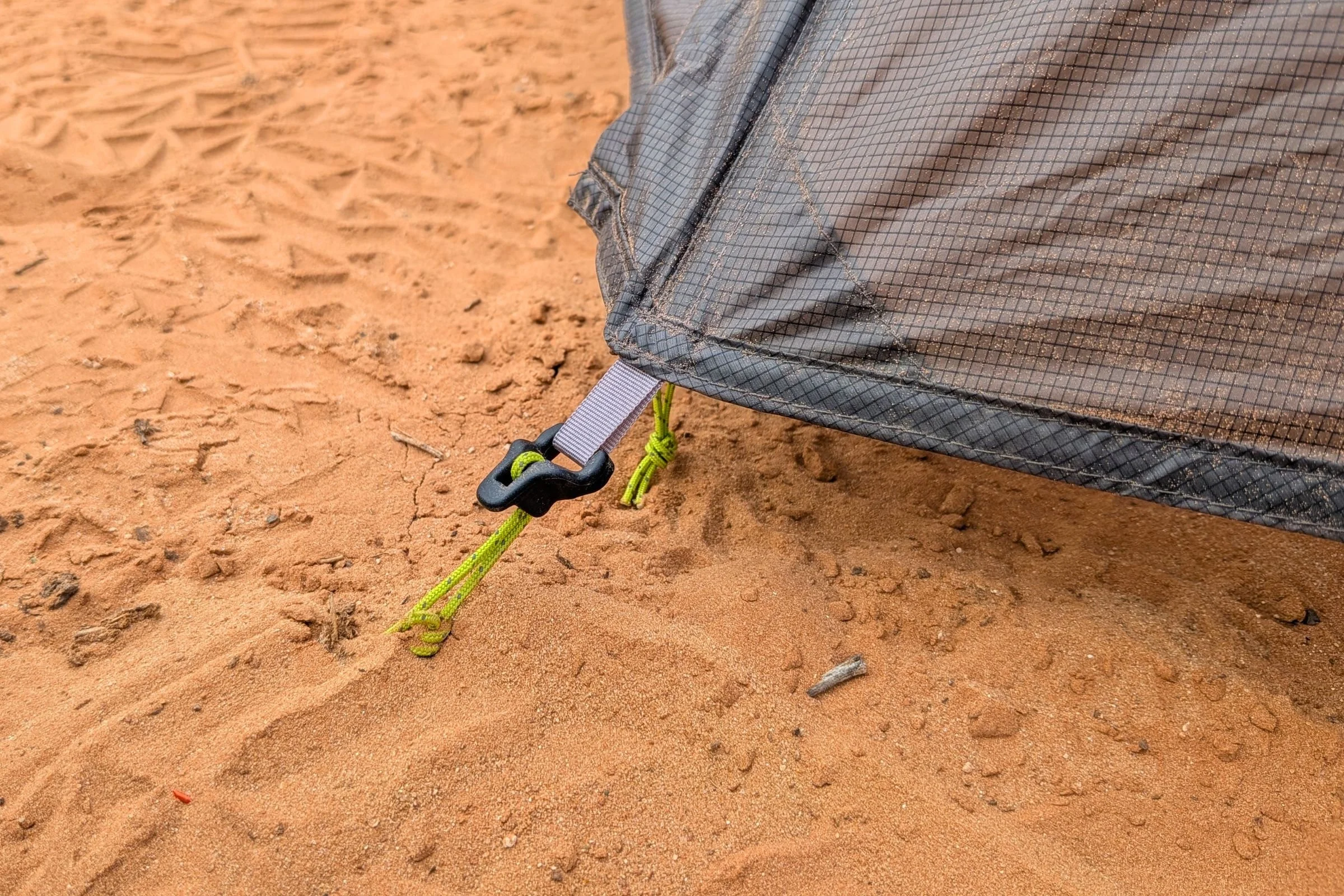 Close-up of the mesh body, corner attachment, and guyline on Gossamer Gear The Free