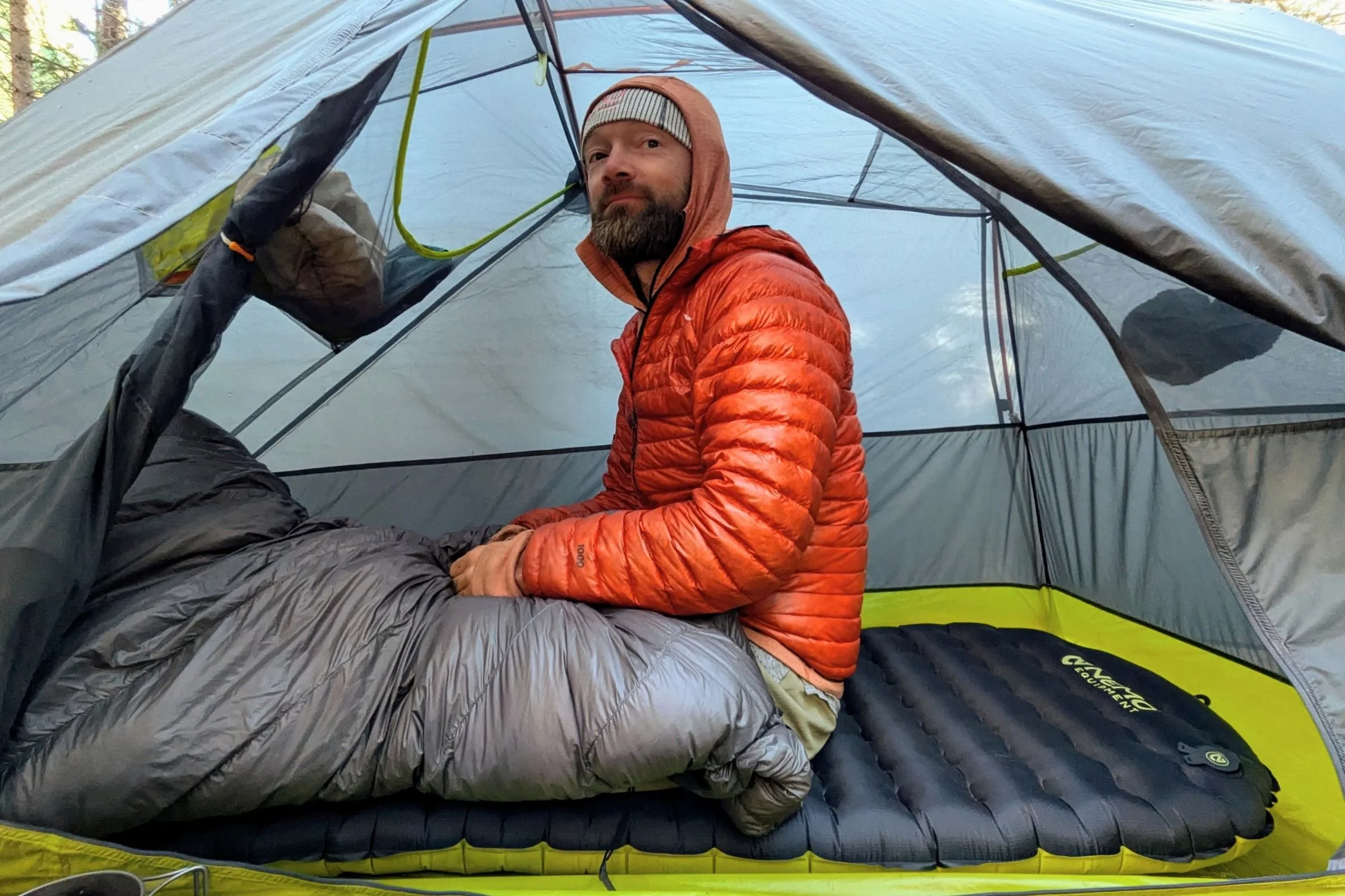 The author sitting up in the Big Agnes Tiger Wall UL1 Bikepack Tent
