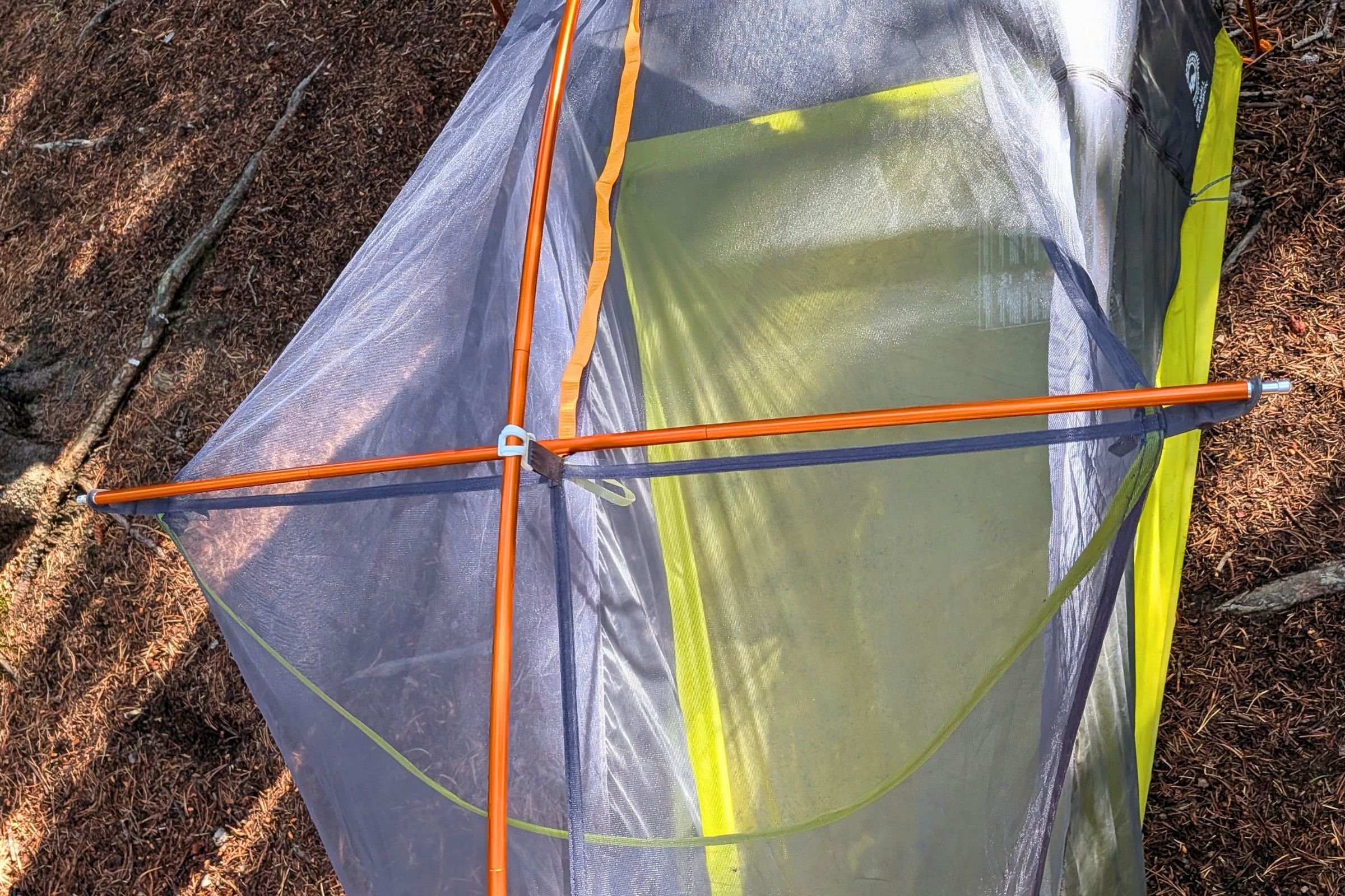 A closeup overhead view of the Big Agnes Tiger Wall UL1 Bikepack Tent's ventilation.