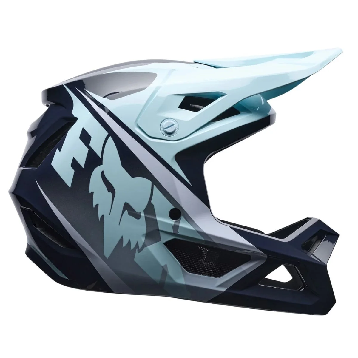 The Fox Rampage helmet in black, light blue, and lavender colorway.