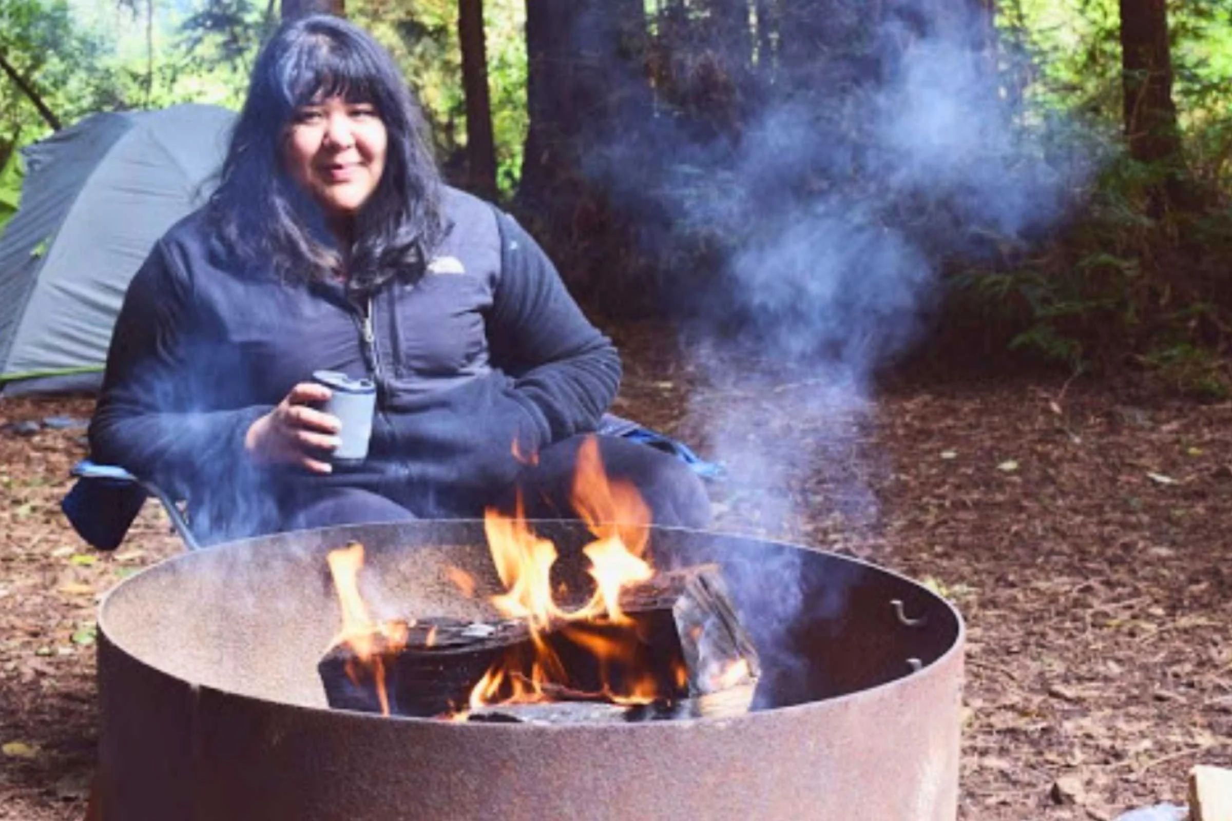 The author on a camping trip where a sleeping bag is necessary. Finding suitable plus sized sleeping bags for camping and backpacking can be a challenge.