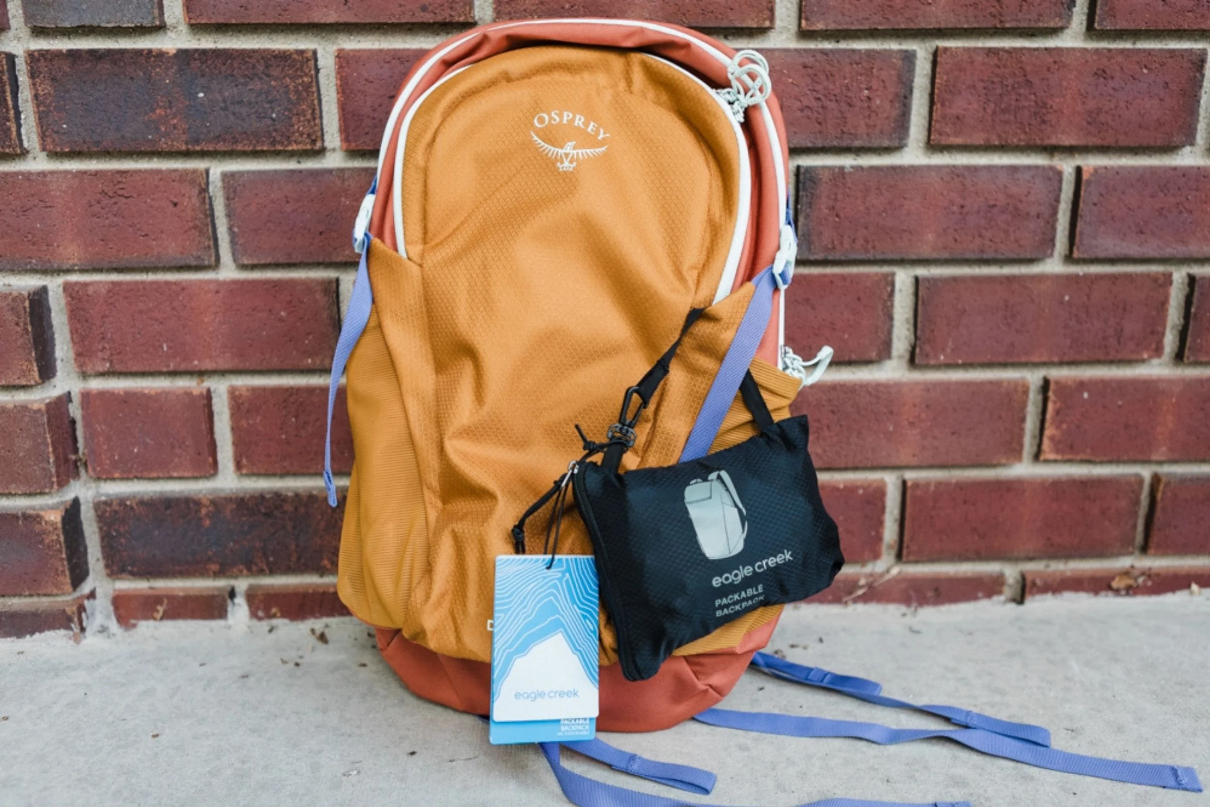 The Osprey Daylite backpack in light tan, reddish brown, and periwinkle blue color combination, sitting against a brick wall.