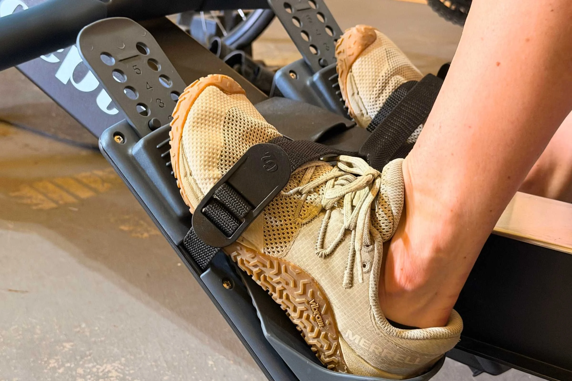 Strapped into a rowing machine, the Merrell Trail Glove 7 is a great gym shoe. Photo courtesy Maggie Nichols