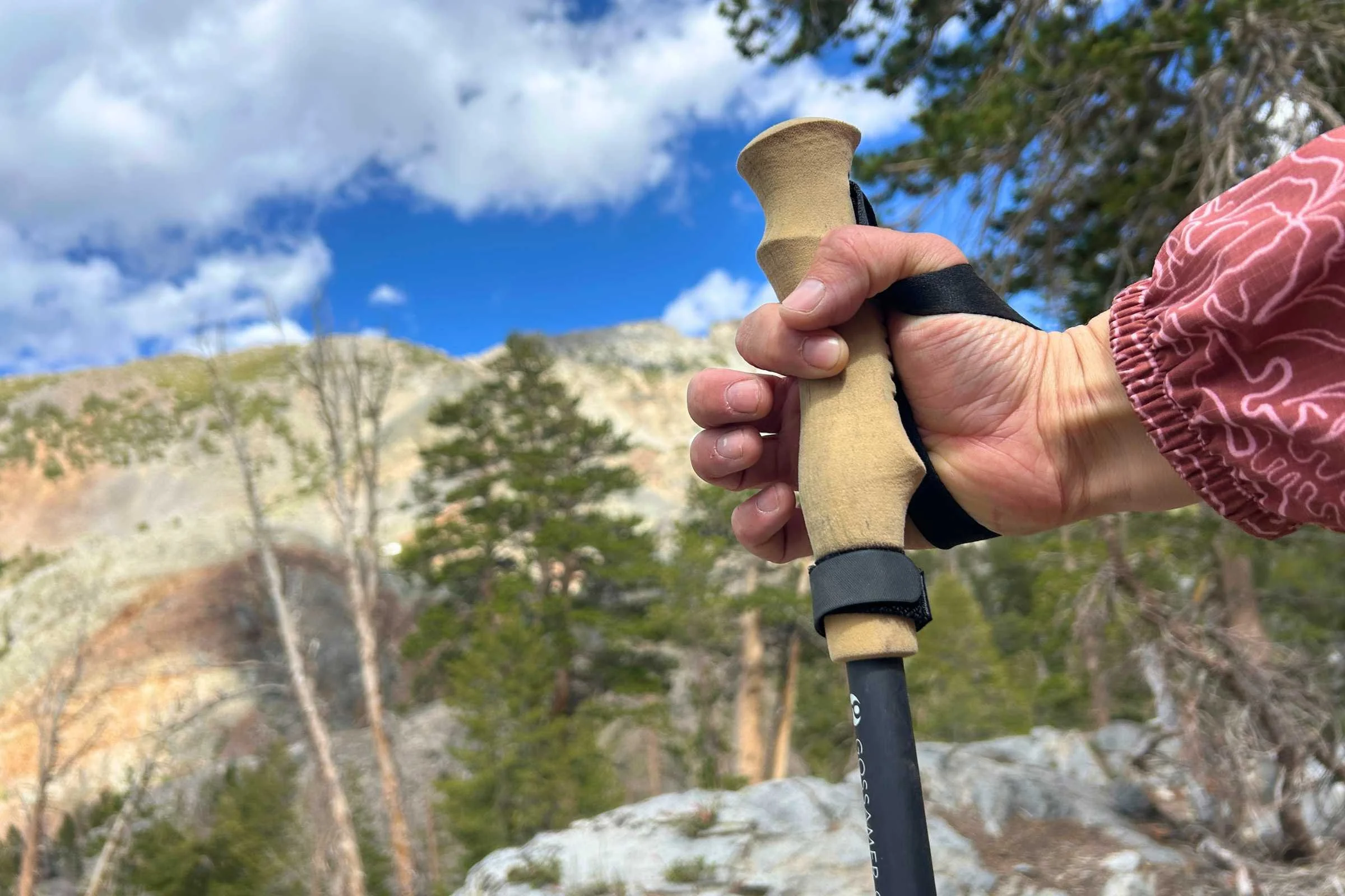 Close-up on the cork-like grip on the Gossamer Gear FT3 poles with mountains and sky in the background